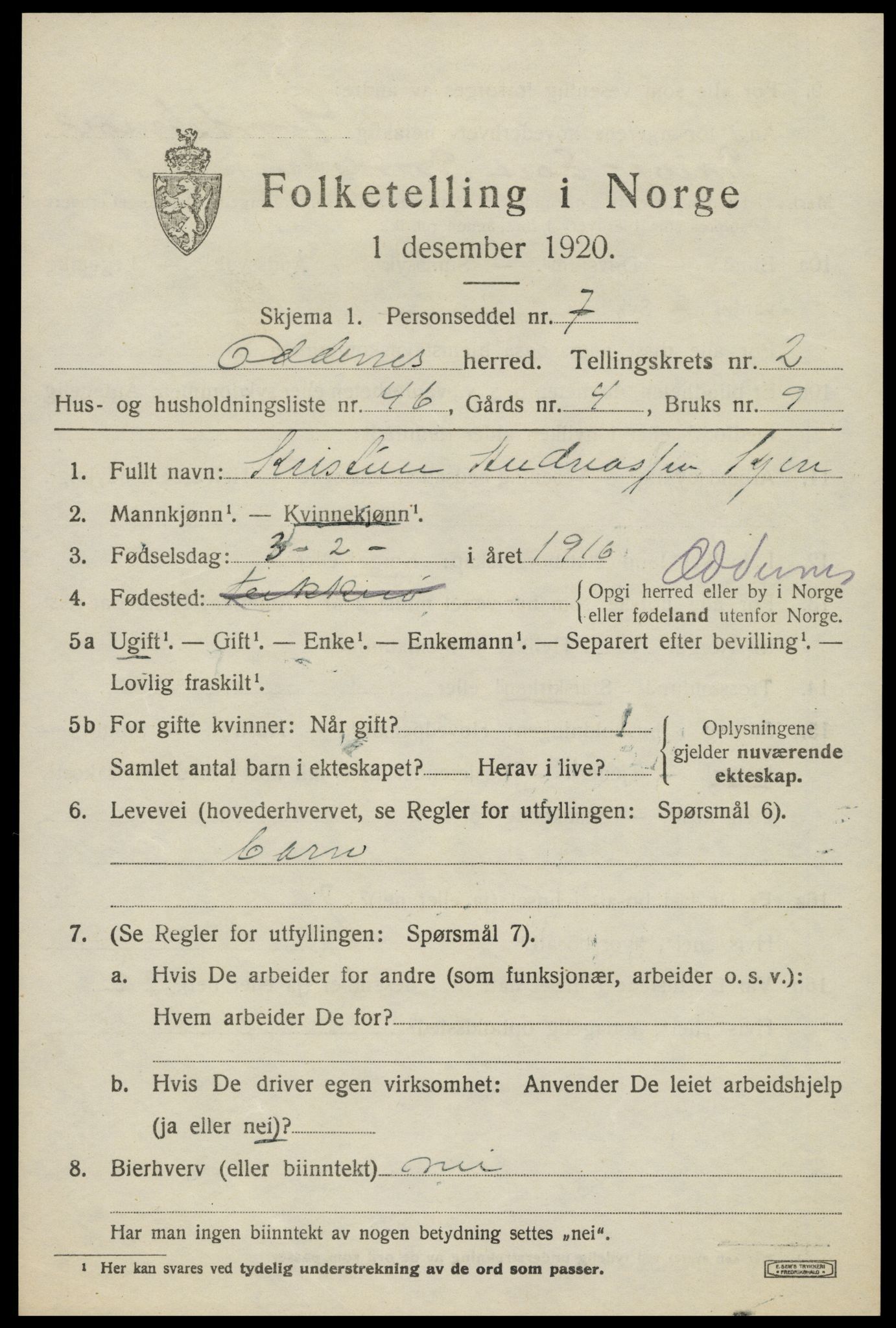 SAK, Folketelling 1920 for 1012 Oddernes herred, 1920, s. 3299