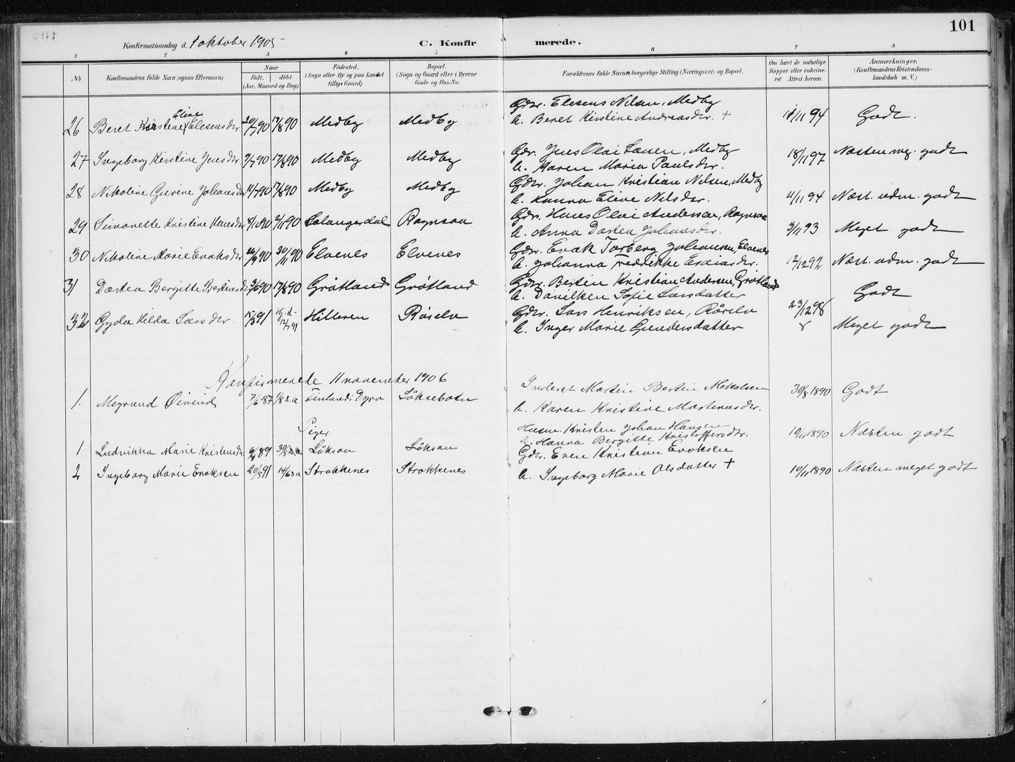 Salangen sokneprestembete, AV/SATØ-S-1324/H/Ha/L0002kirke: Ministerialbok nr. 2, 1902-1911, s. 101