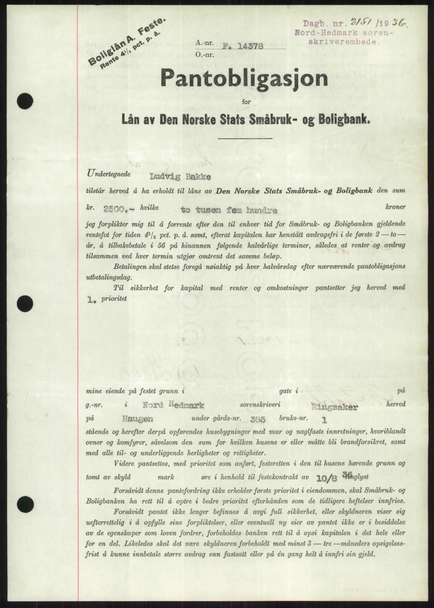 Nord-Hedmark sorenskriveri, SAH/TING-012/H/Hb/Hbf/L0001: Pantebok nr. B1, 1936-1936, Dagboknr: 2151/1936