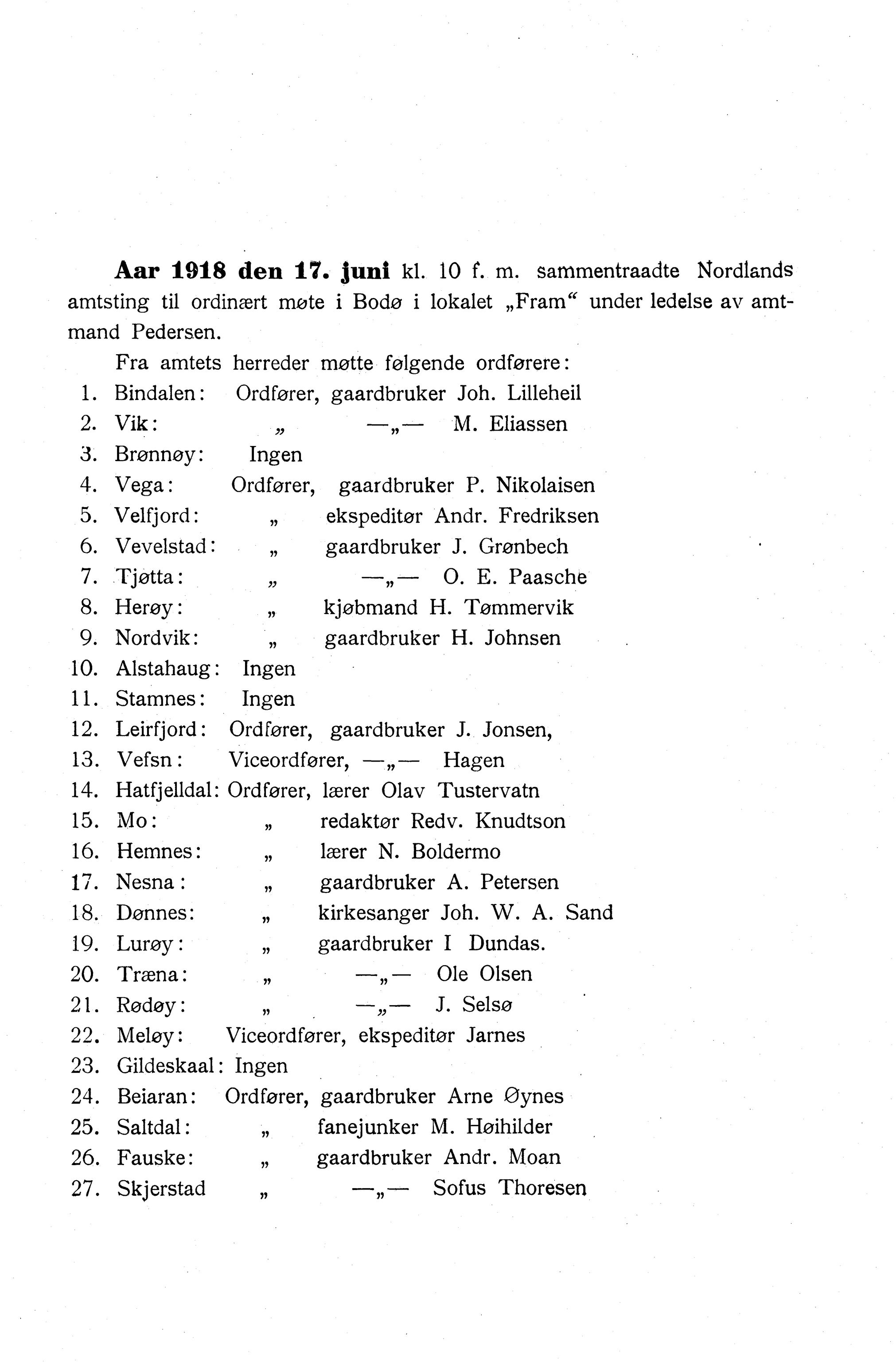 Nordland Fylkeskommune. Fylkestinget, AIN/NFK-17/176/A/Ac/L0041: Fylkestingsforhandlinger 1918, 1918