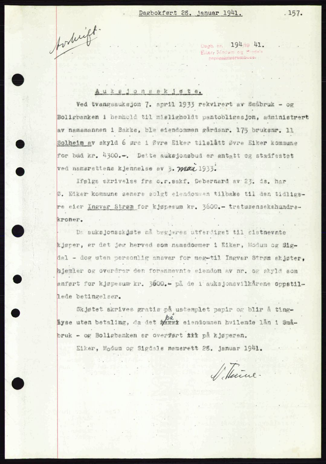 Eiker, Modum og Sigdal sorenskriveri, SAKO/A-123/G/Ga/Gab/L0043: Pantebok nr. A13, 1940-1941, Dagboknr: 194/1941