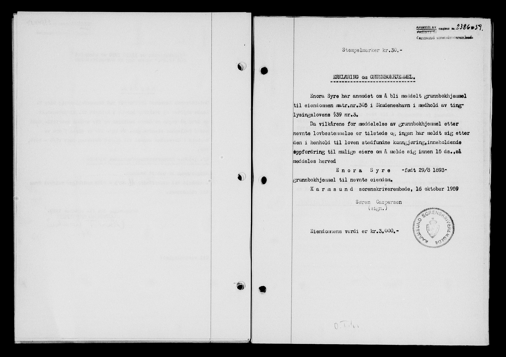 Karmsund sorenskriveri, SAST/A-100311/01/II/IIB/L0132: Pantebok nr. 112A, 1959-1959, Dagboknr: 2386/1959