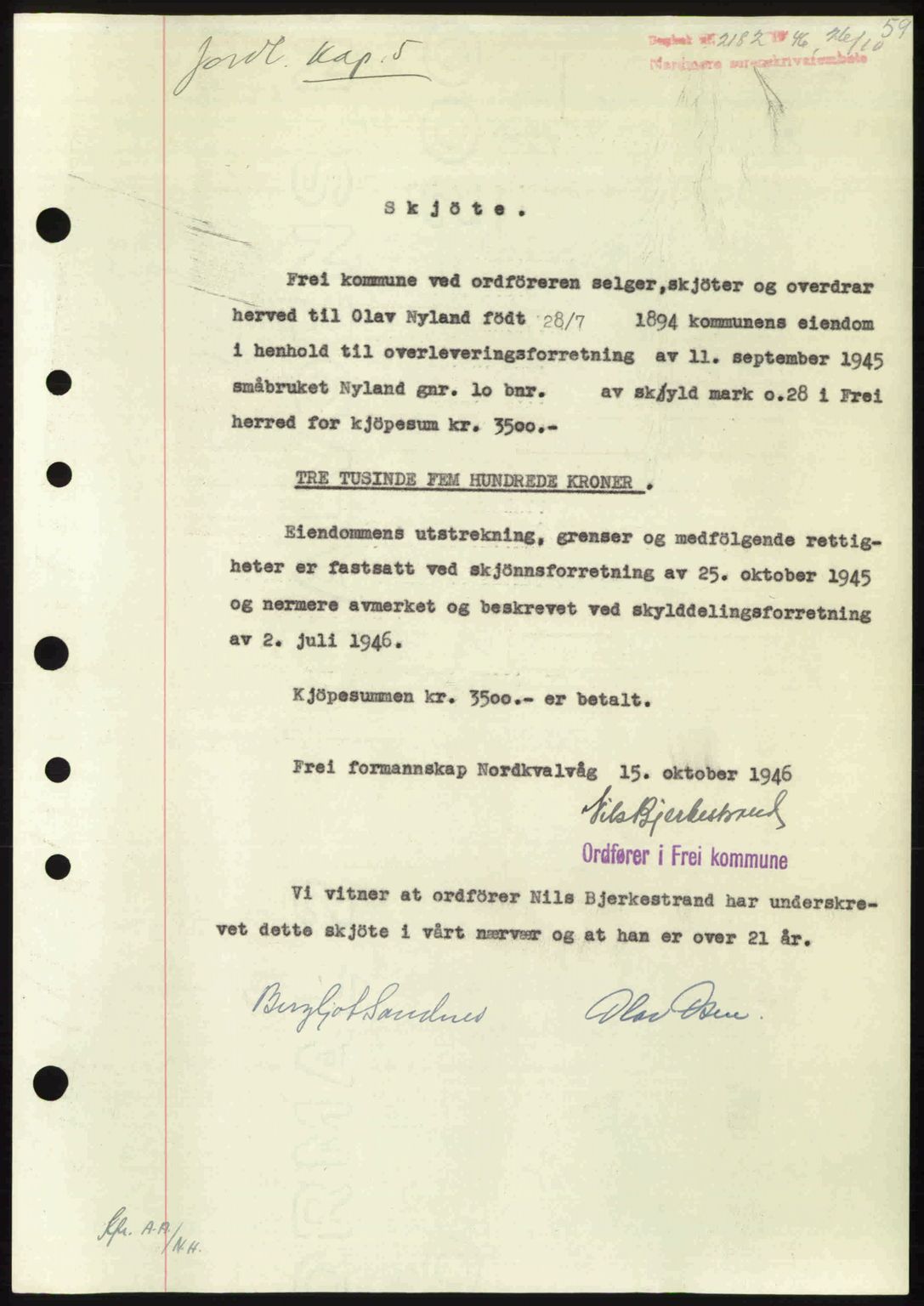 Nordmøre sorenskriveri, SAT/A-4132/1/2/2Ca: Pantebok nr. A103, 1946-1947, Dagboknr: 2182/1946