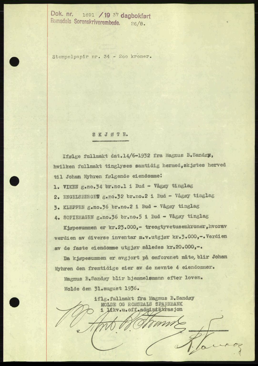 Romsdal sorenskriveri, SAT/A-4149/1/2/2C: Pantebok nr. A3, 1937-1937, Dagboknr: 1691/1937