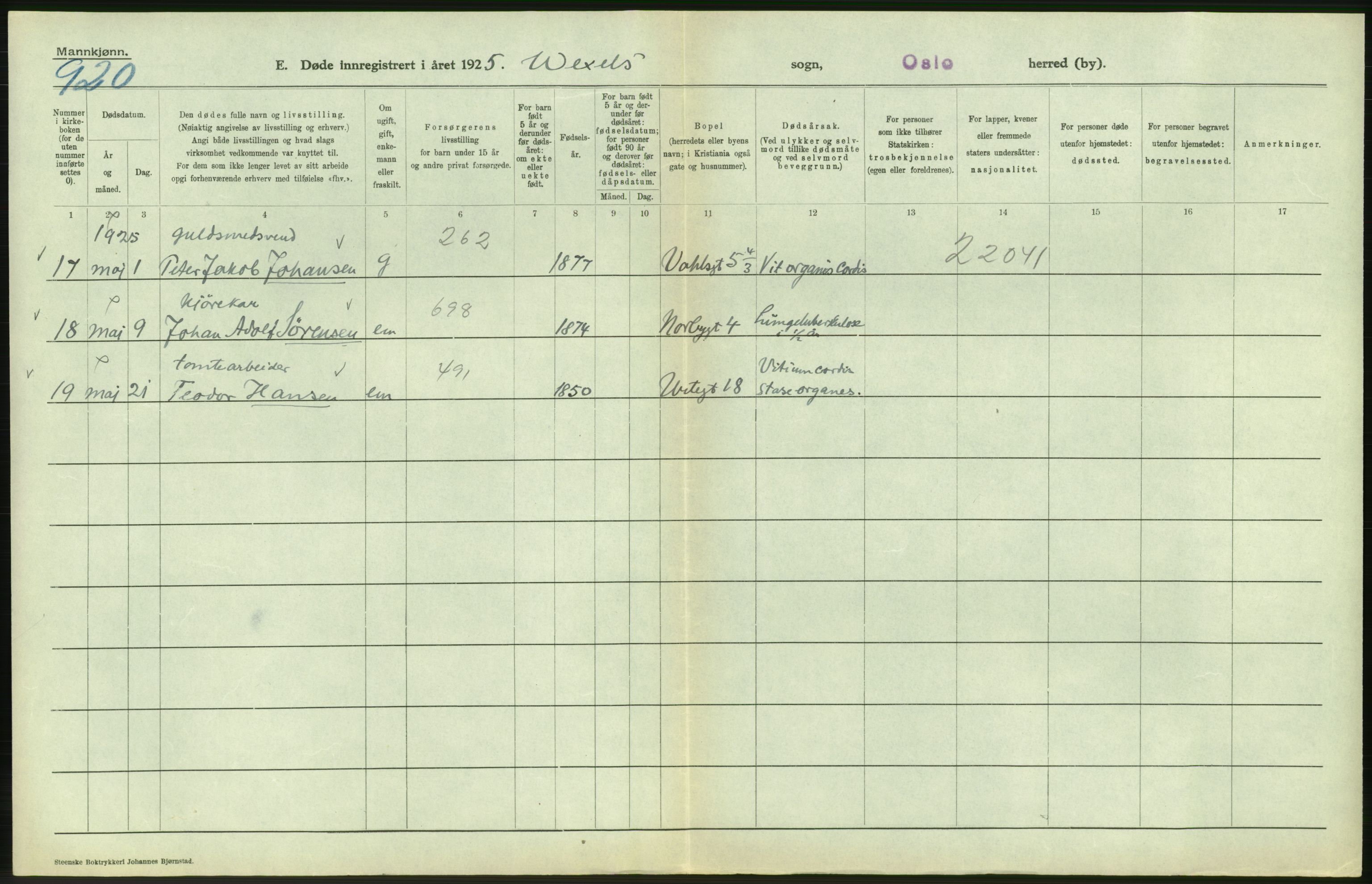 Statistisk sentralbyrå, Sosiodemografiske emner, Befolkning, AV/RA-S-2228/D/Df/Dfc/Dfce/L0009: Oslo: Døde menn, 1925, s. 316