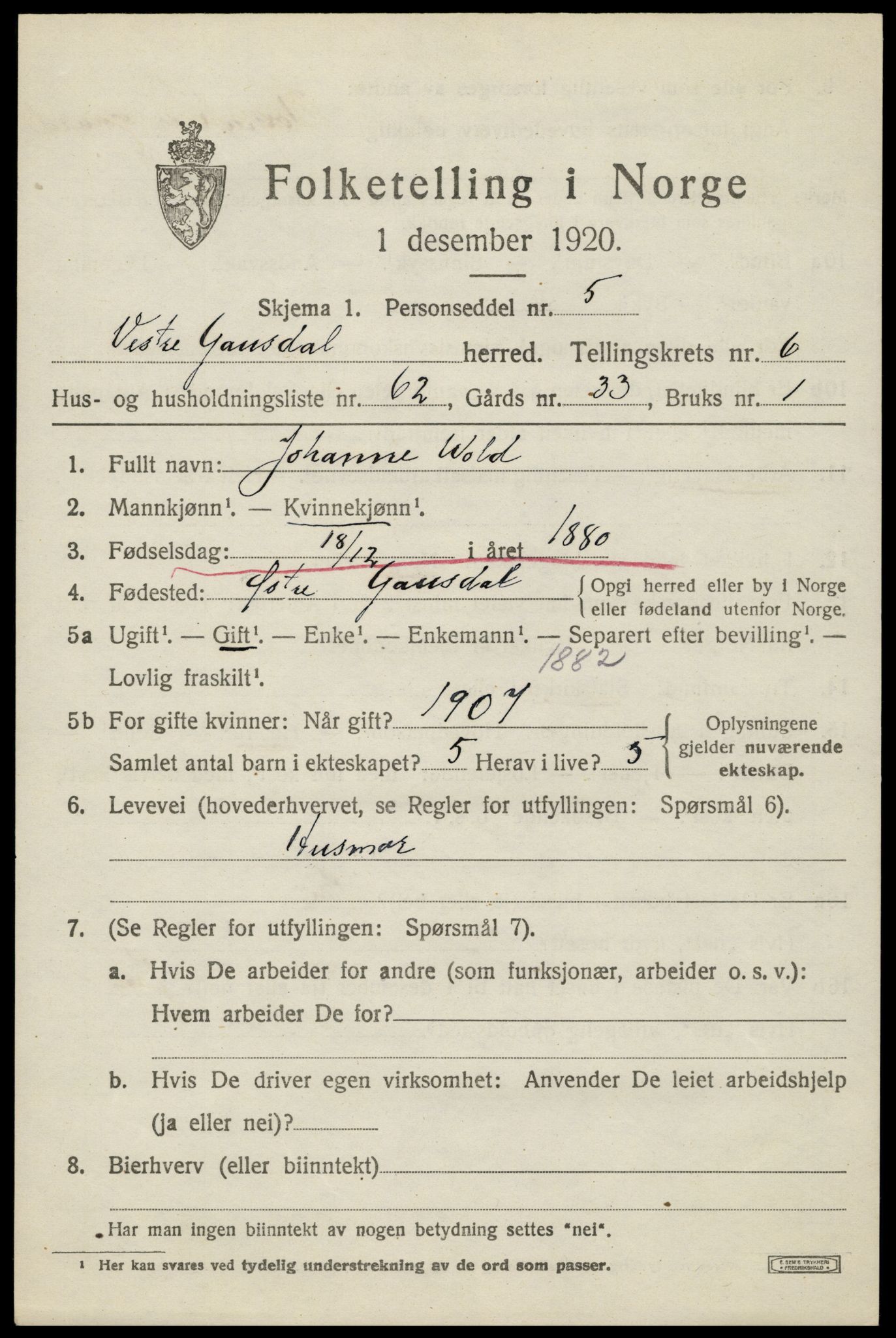 SAH, Folketelling 1920 for 0523 Vestre Gausdal herred, 1920, s. 5311