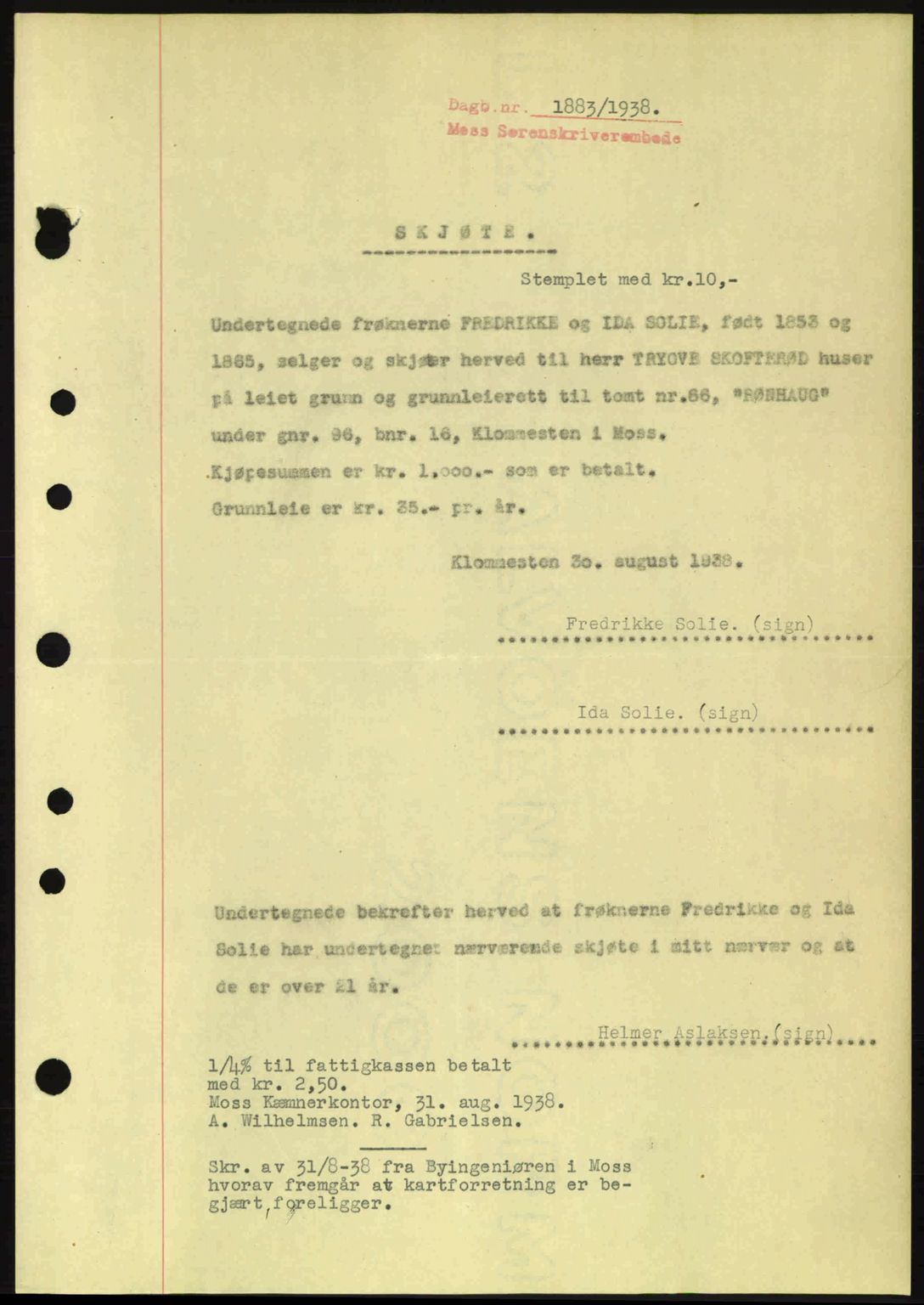 Moss sorenskriveri, SAO/A-10168: Pantebok nr. A4, 1938-1938, Dagboknr: 1883/1938