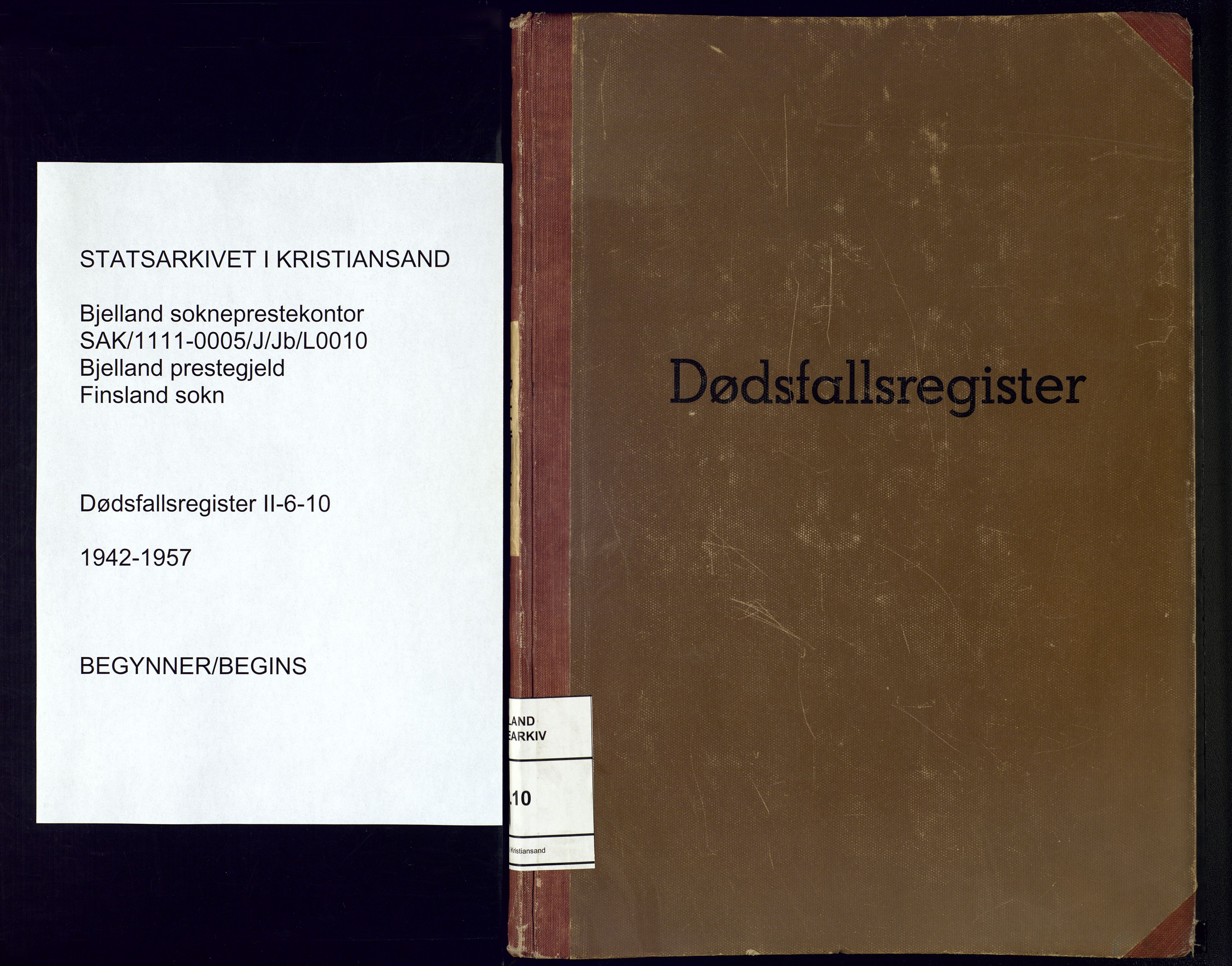 Bjelland sokneprestkontor, SAK/1111-0005/J/Jb/L0010: II.6.10 - Dødsfallsregister Finsland, 1942-1957