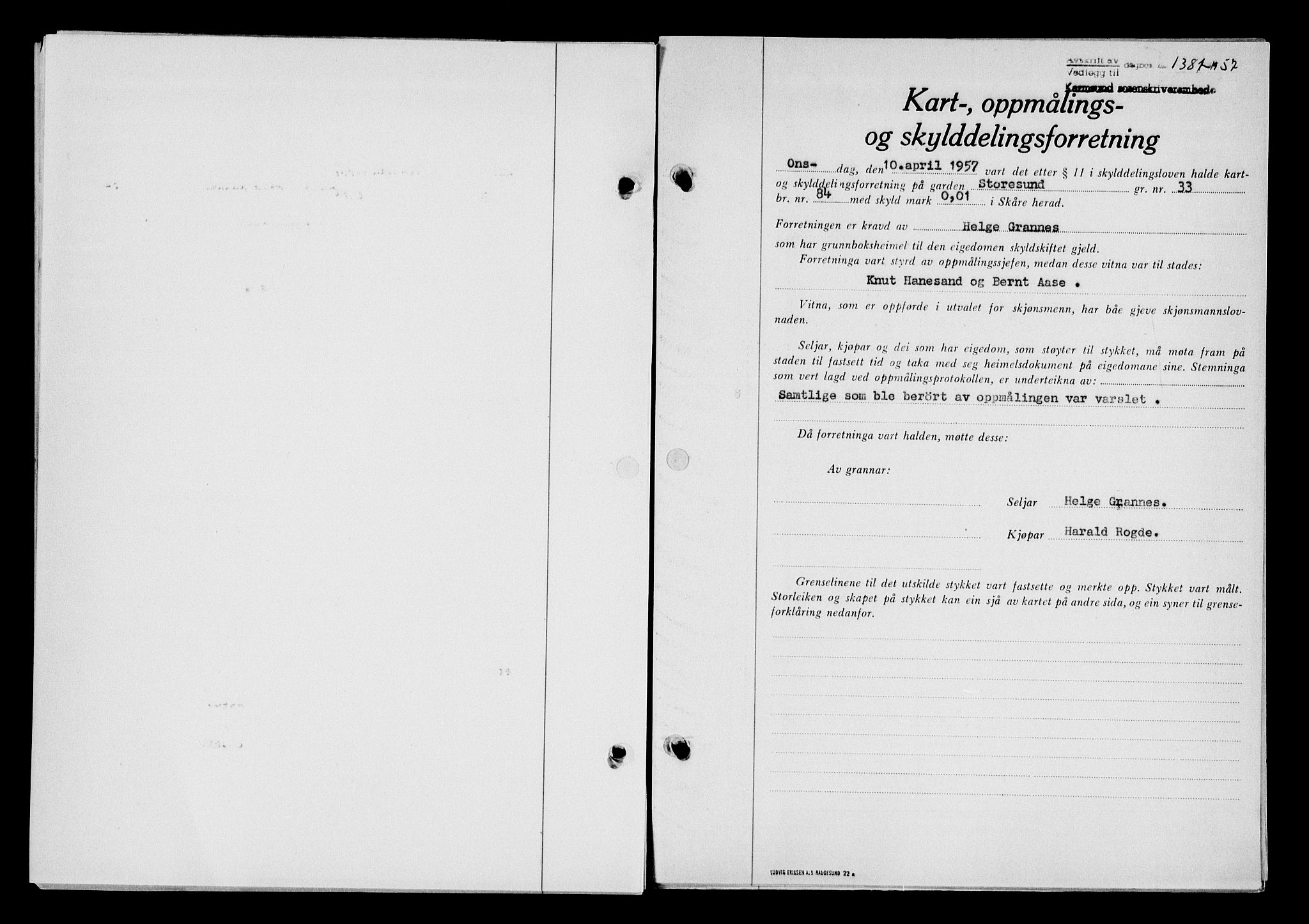 Karmsund sorenskriveri, SAST/A-100311/01/II/IIB/L0124: Pantebok nr. 104A, 1957-1957, Dagboknr: 1381/1957