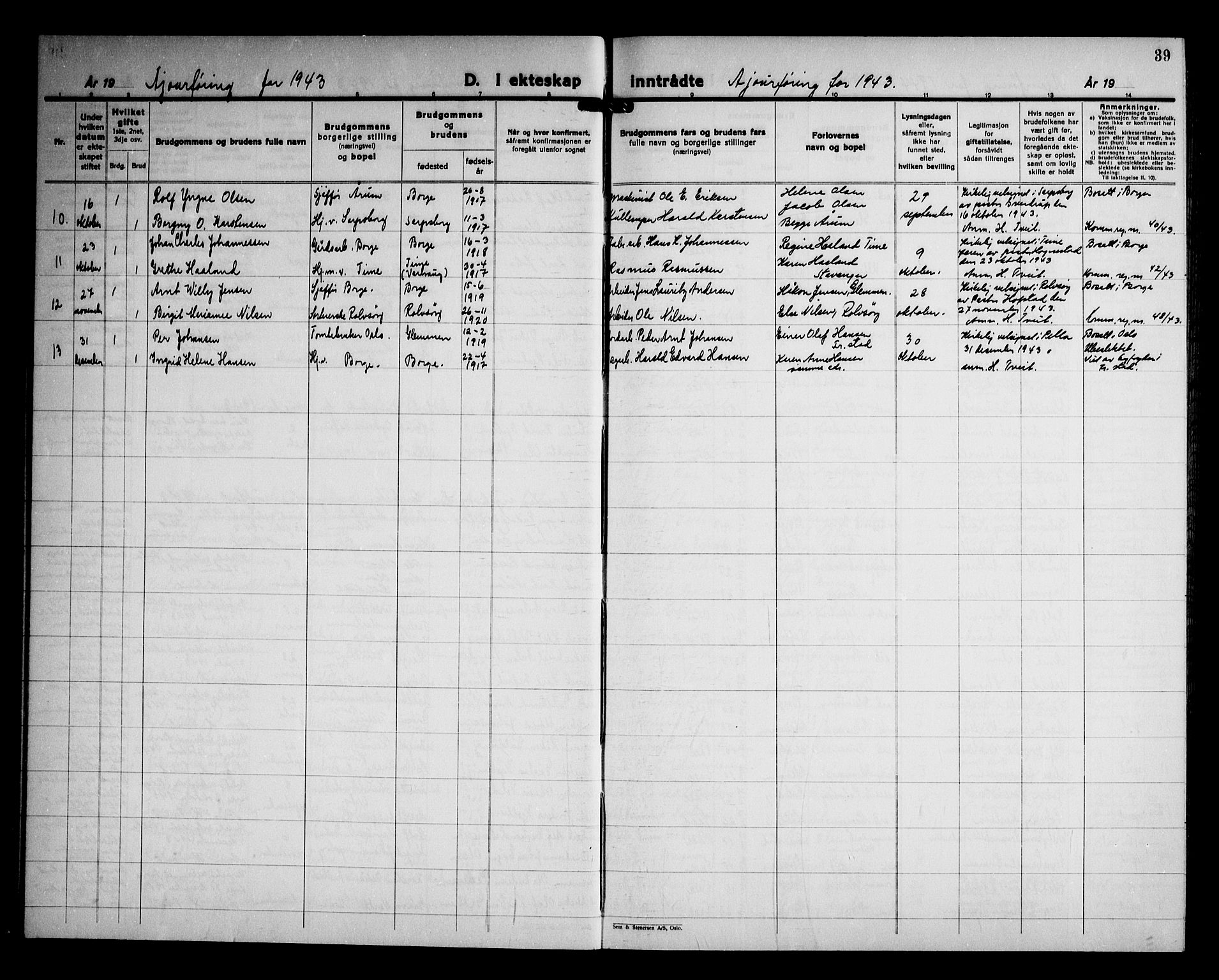 Borge prestekontor Kirkebøker, AV/SAO-A-10903/G/Ga/L0006: Klokkerbok nr. I 6, 1936-1950, s. 39