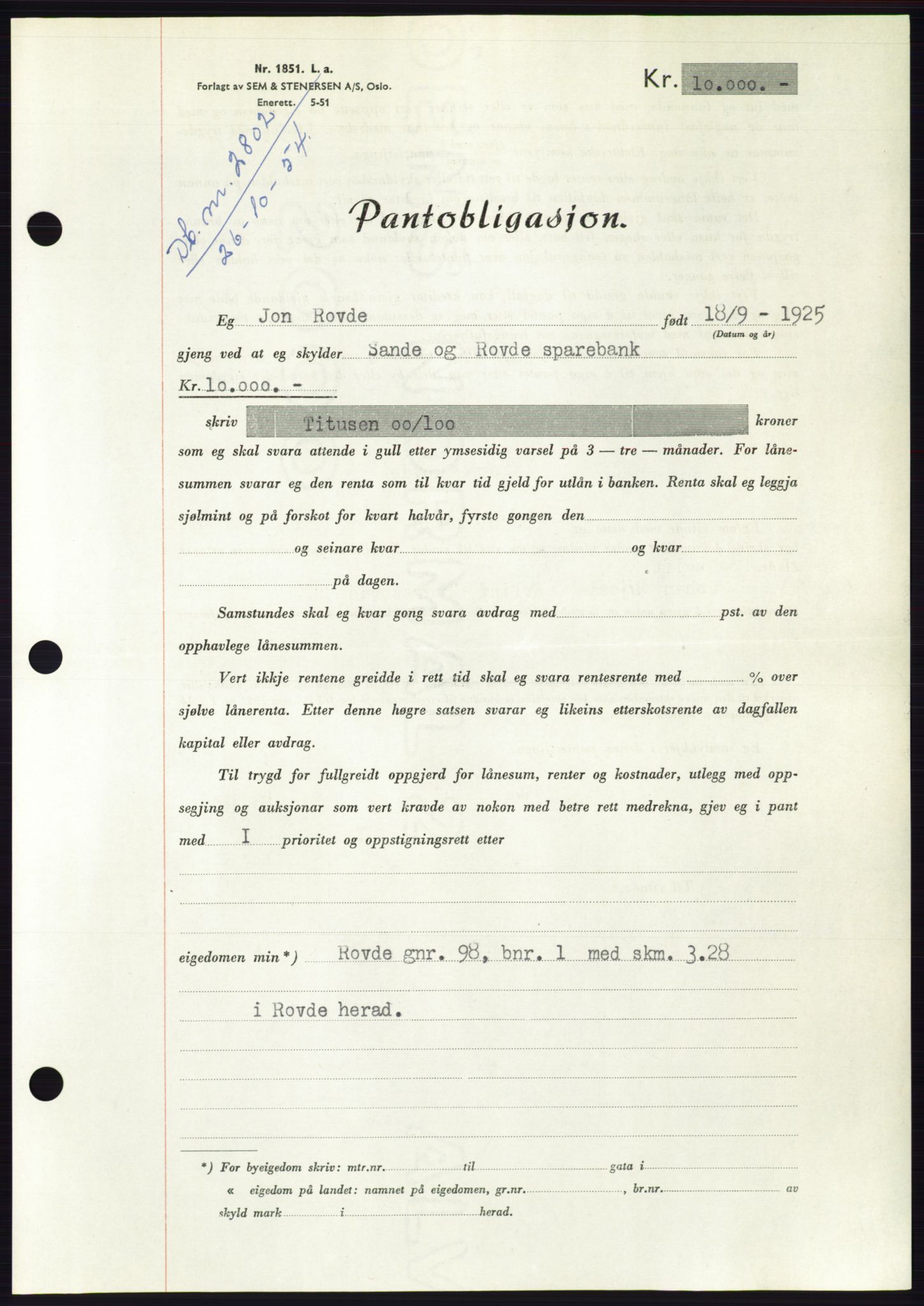 Søre Sunnmøre sorenskriveri, AV/SAT-A-4122/1/2/2C/L0126: Pantebok nr. 14B, 1954-1955, Dagboknr: 2802/1954