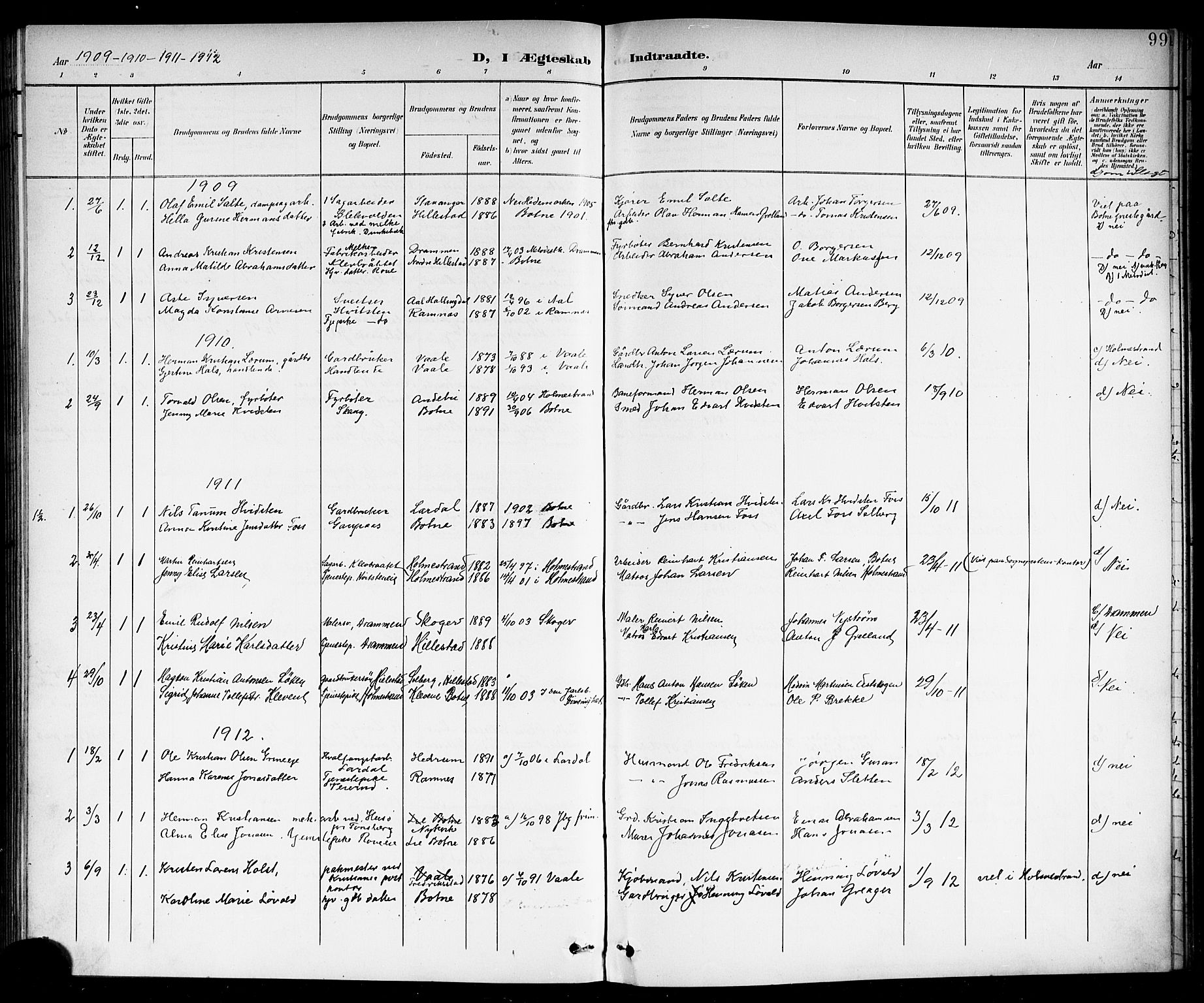 Botne kirkebøker, AV/SAKO-A-340/G/Ga/L0004: Klokkerbok nr. I 4, 1899-1915, s. 99