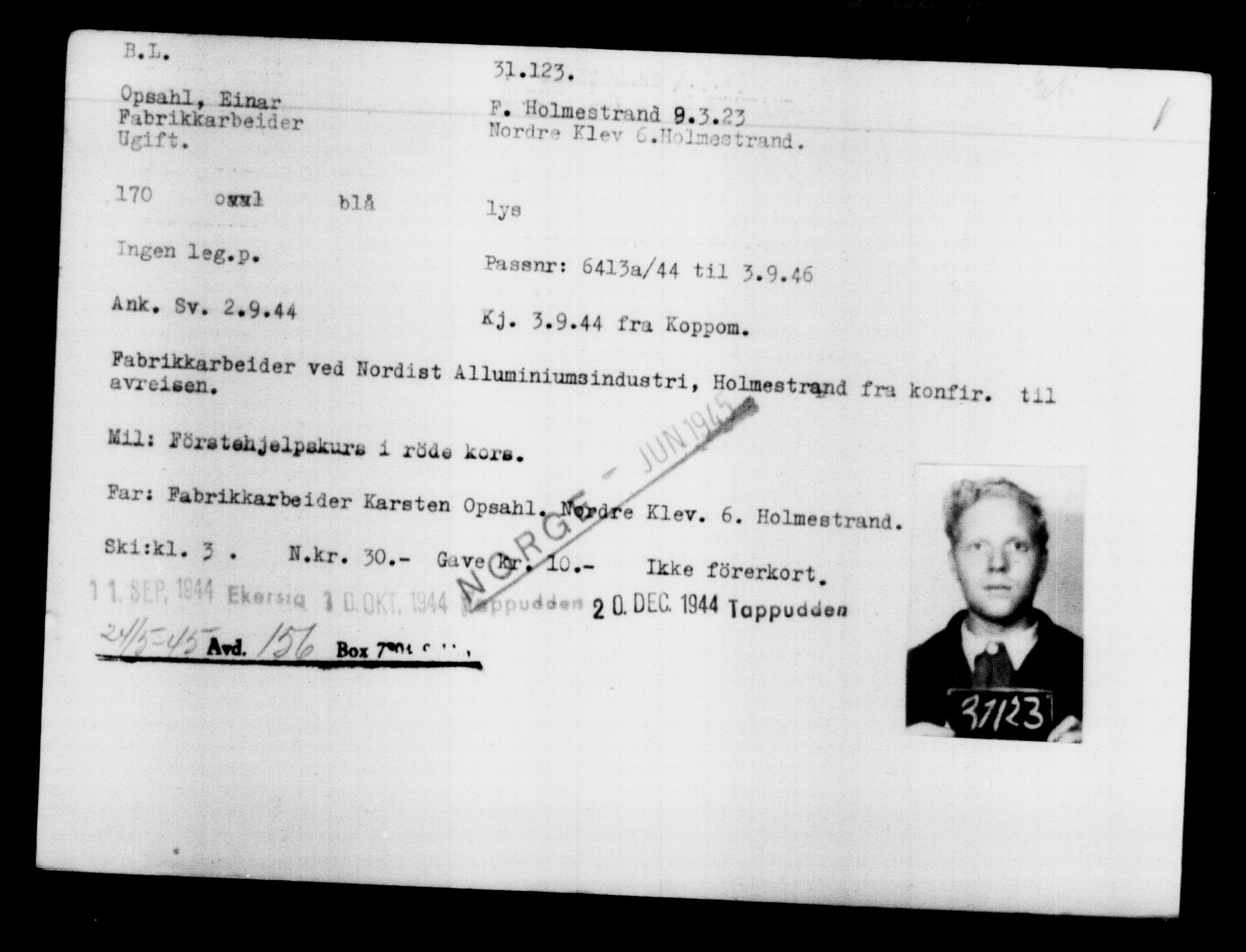 Utenriksstasjonene, Legasjonen i Stockholm, Flyktningkontoret, AV/RA-S-6753/V/Va/L0012: Kjesäterkartoteket, flyktninger med registreringsnr. 28300-31566, 1940-1945, s. 3060