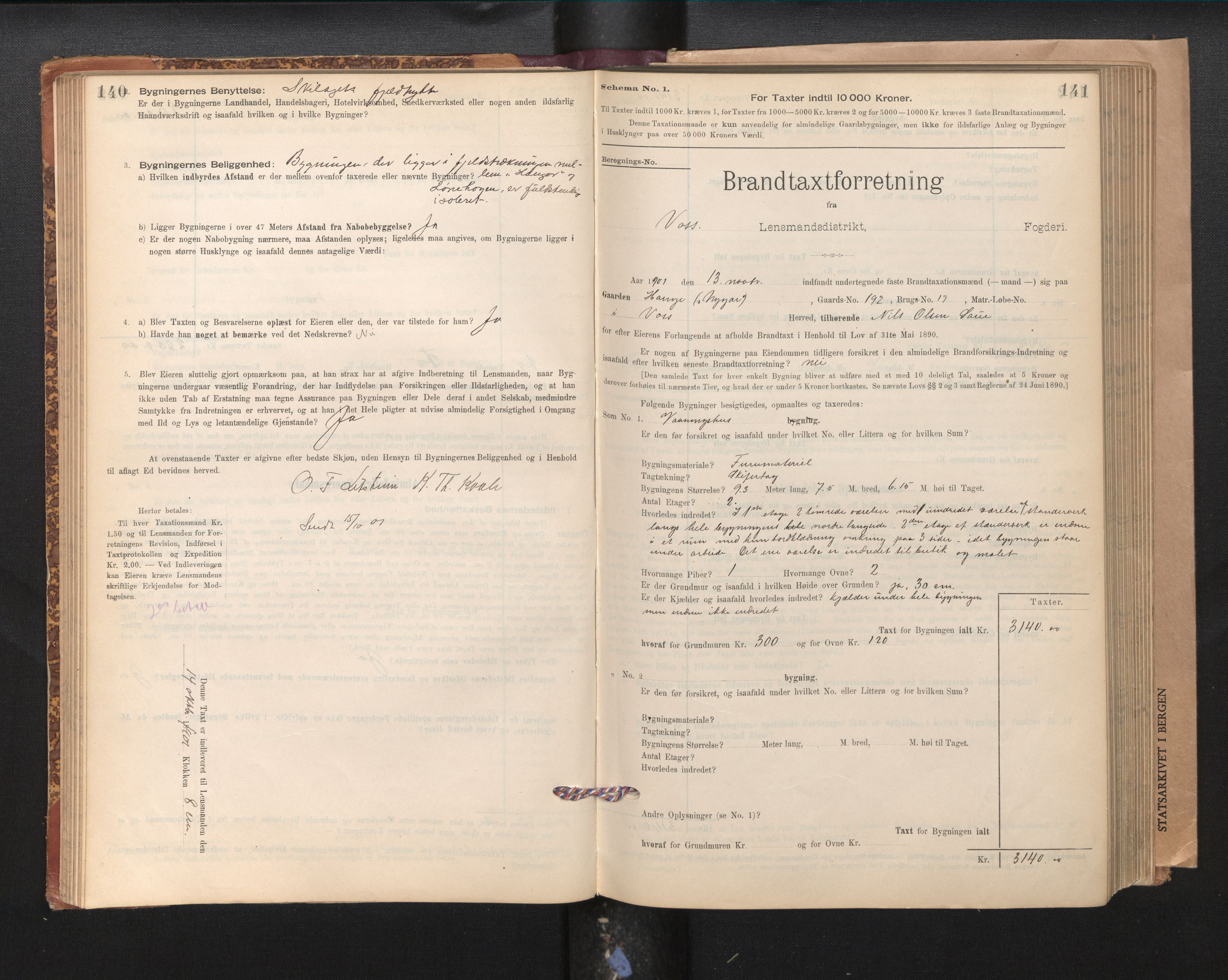 Lensmannen i Voss, SAB/A-35801/0012/L0008: Branntakstprotokoll, skjematakst, 1895-1945, s. 140-141