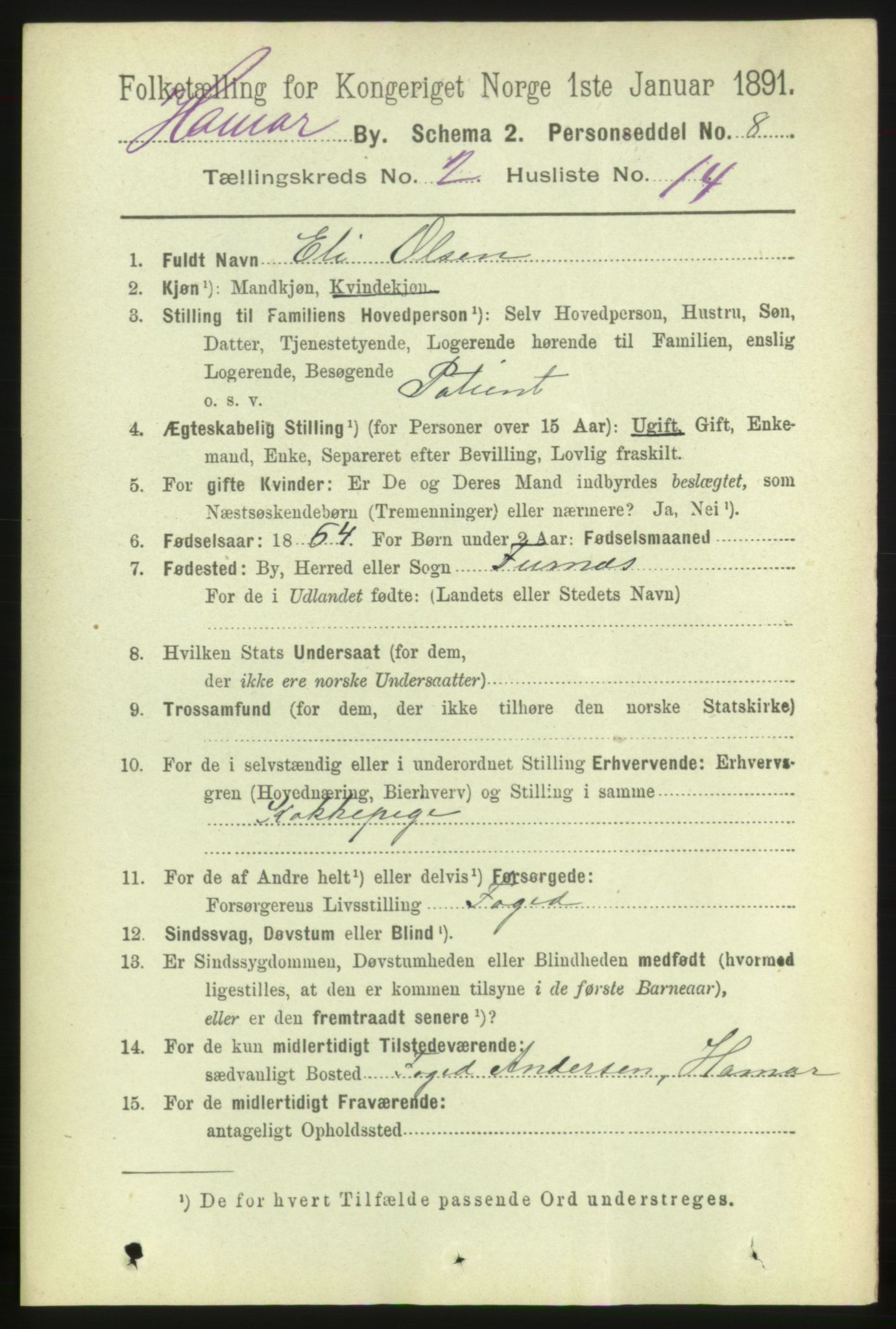RA, Folketelling 1891 for 0401 Hamar kjøpstad, 1891, s. 1184