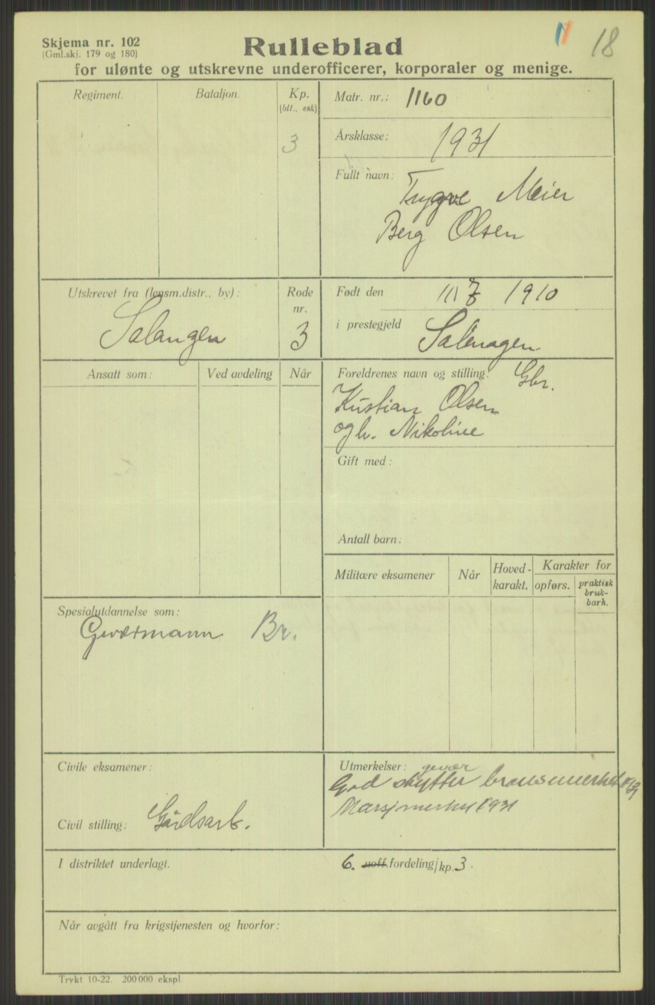 Forsvaret, Troms infanteriregiment nr. 16, AV/RA-RAFA-3146/P/Pa/L0015: Rulleblad for regimentets menige mannskaper, årsklasse 1931, 1931, s. 913