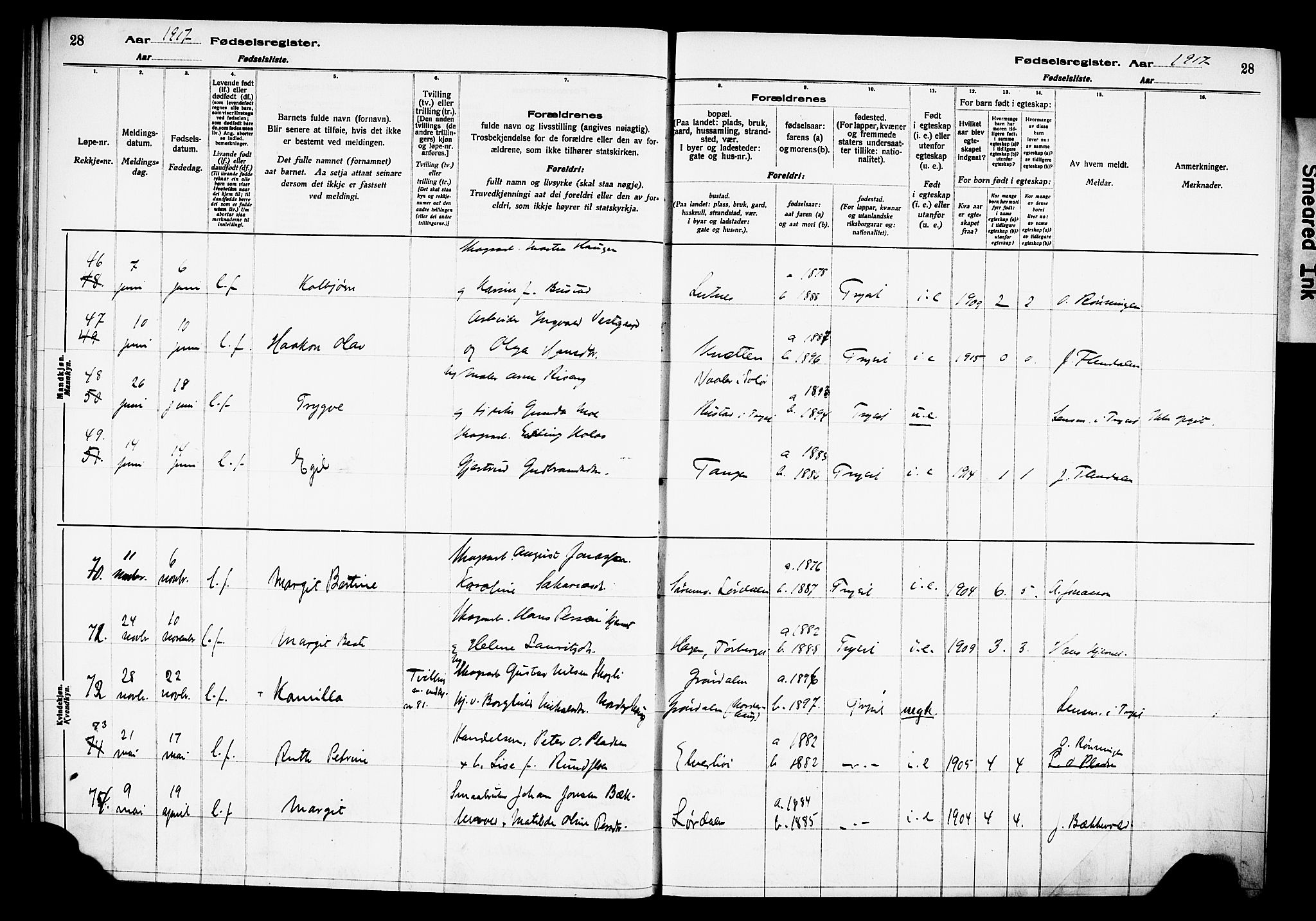 Trysil prestekontor, AV/SAH-PREST-046/I/Id/Ida/L0001: Fødselsregister nr. I 1, 1916-1927, s. 28