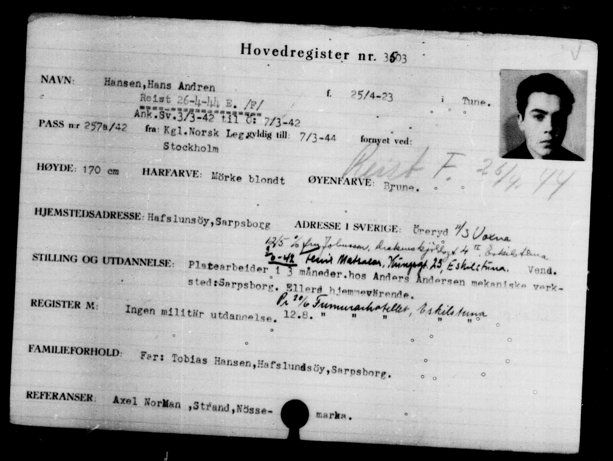 Den Kgl. Norske Legasjons Flyktningskontor, AV/RA-S-6753/V/Va/L0004: Kjesäterkartoteket.  Flyktningenr. 3496-6610, 1940-1945, s. 9
