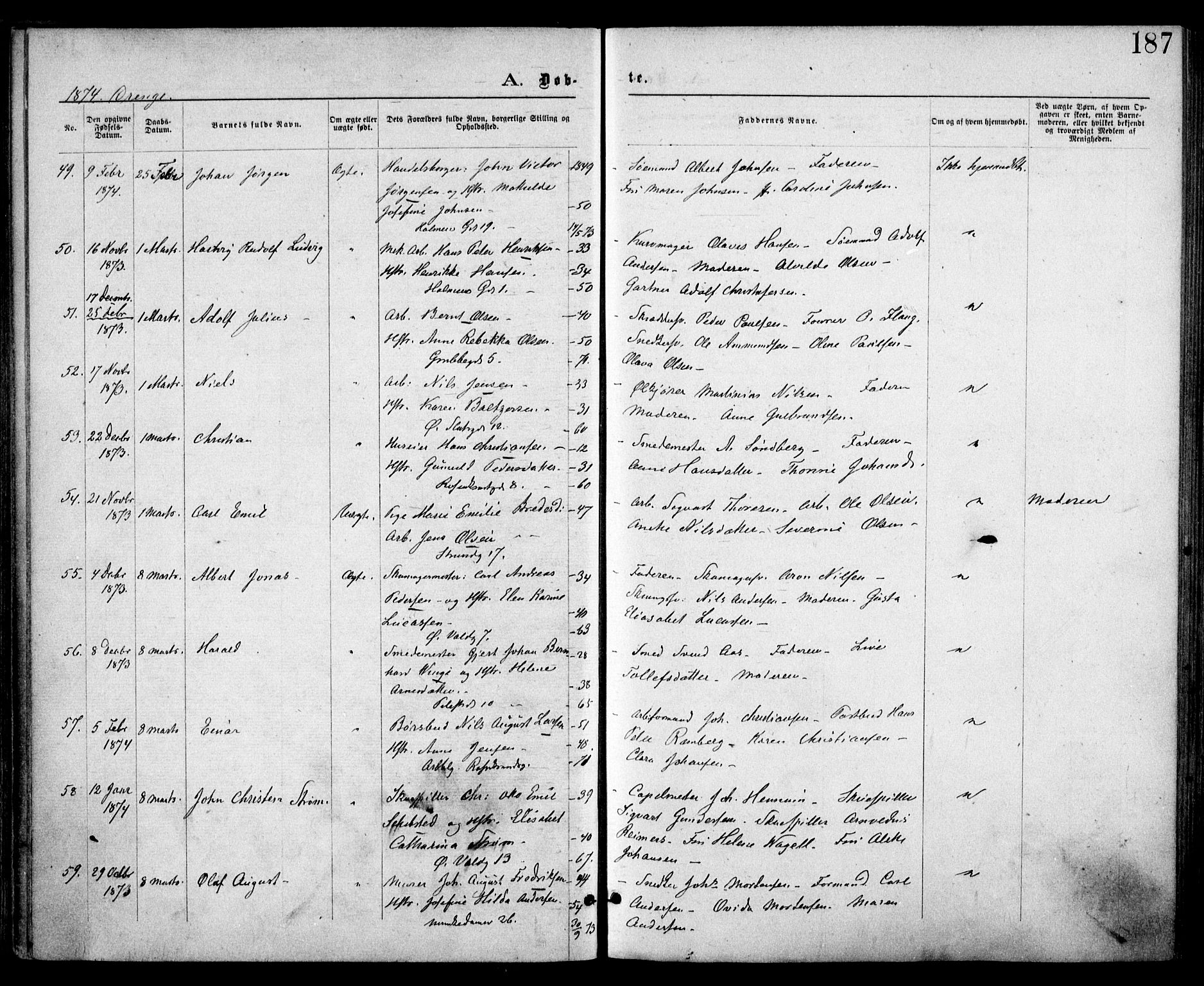 Trefoldighet prestekontor Kirkebøker, AV/SAO-A-10882/F/Fa/L0003: Ministerialbok nr. I 3, 1870-1876, s. 187