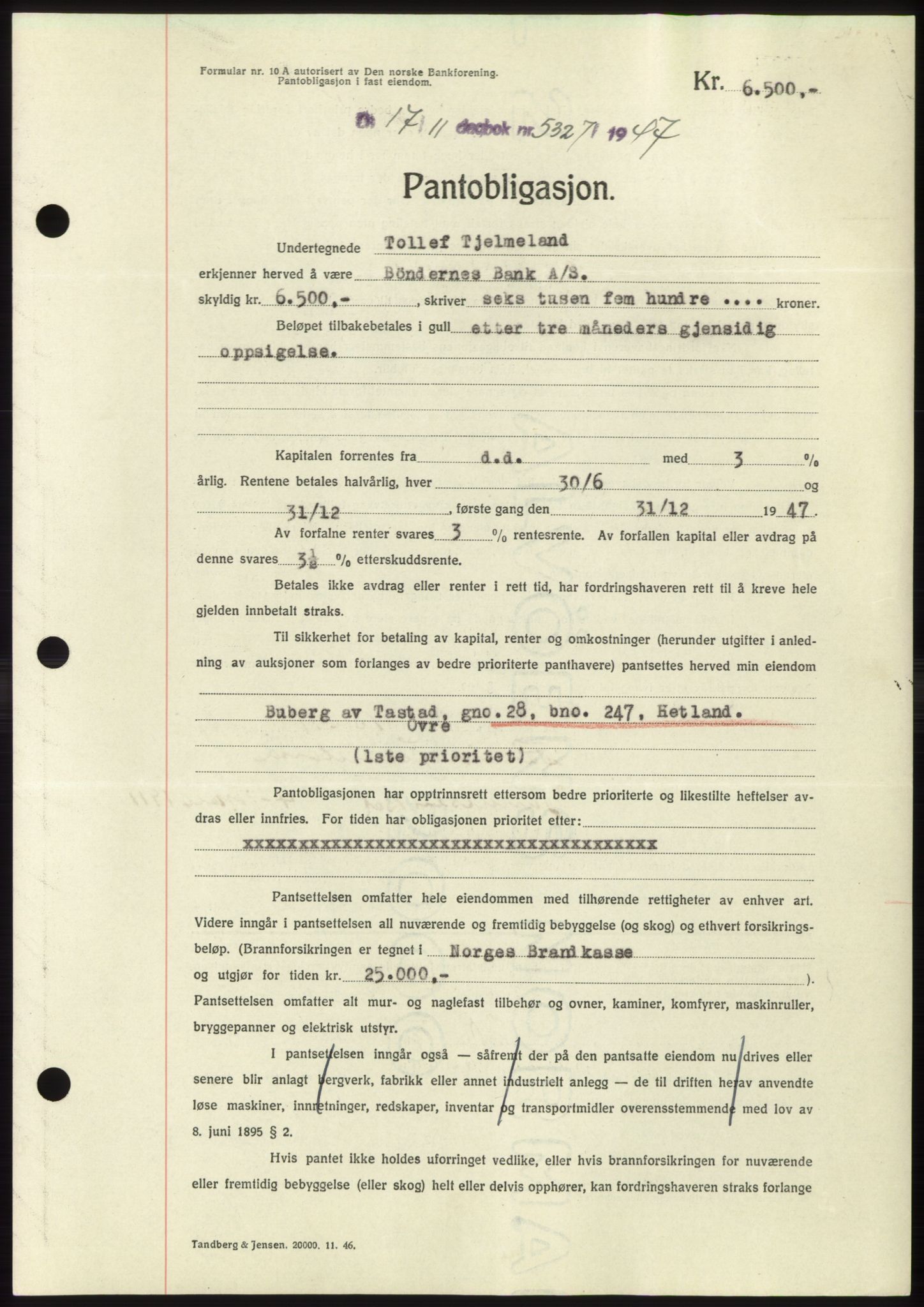 Jæren sorenskriveri, SAST/A-100310/03/G/Gba/L0096: Pantebok, 1947-1947, Dagboknr: 5327/1947