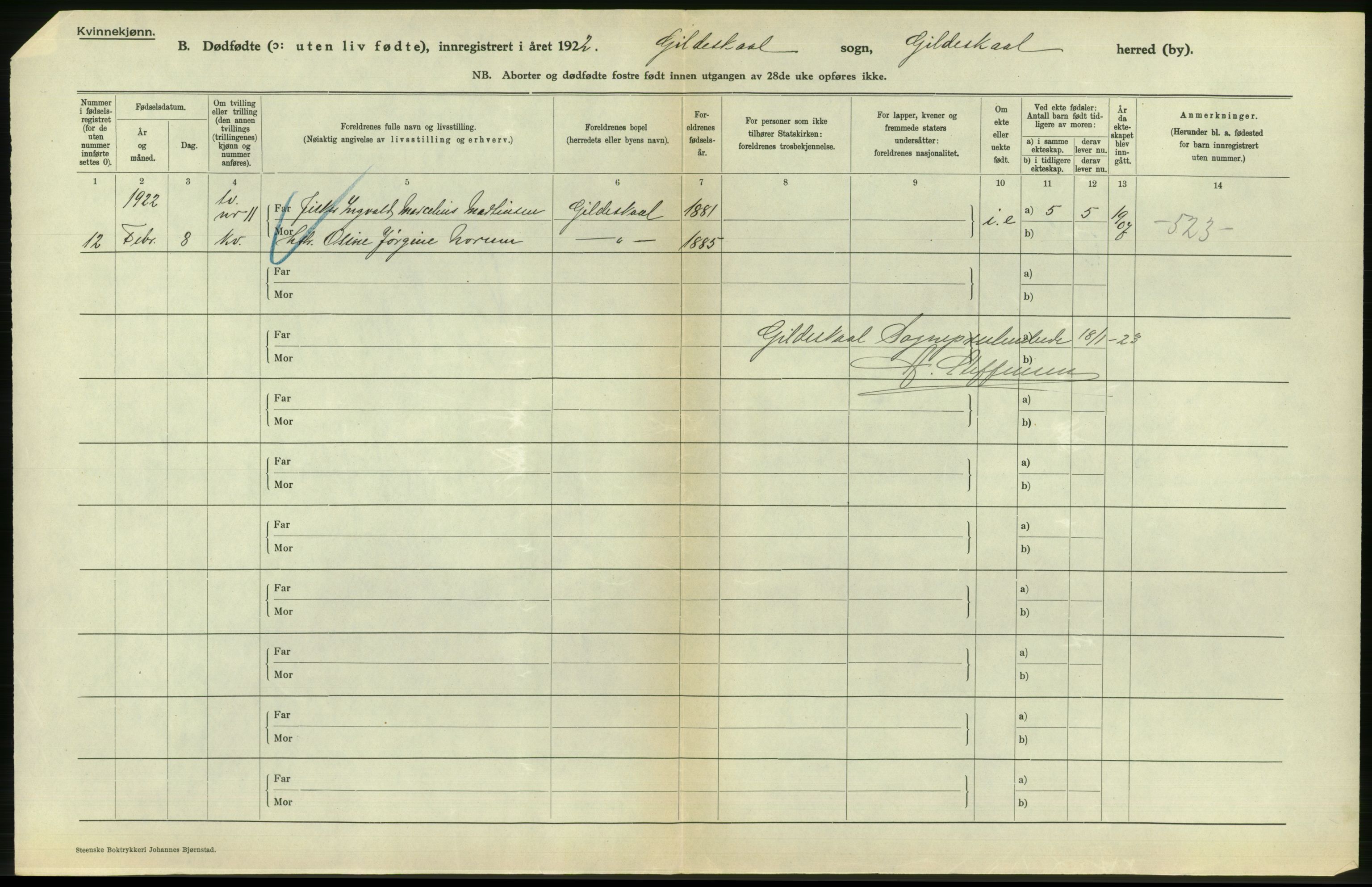 Statistisk sentralbyrå, Sosiodemografiske emner, Befolkning, AV/RA-S-2228/D/Df/Dfc/Dfcb/L0045: Nordland fylke: Gifte, dødfødte. Bygder og byer., 1922, s. 378