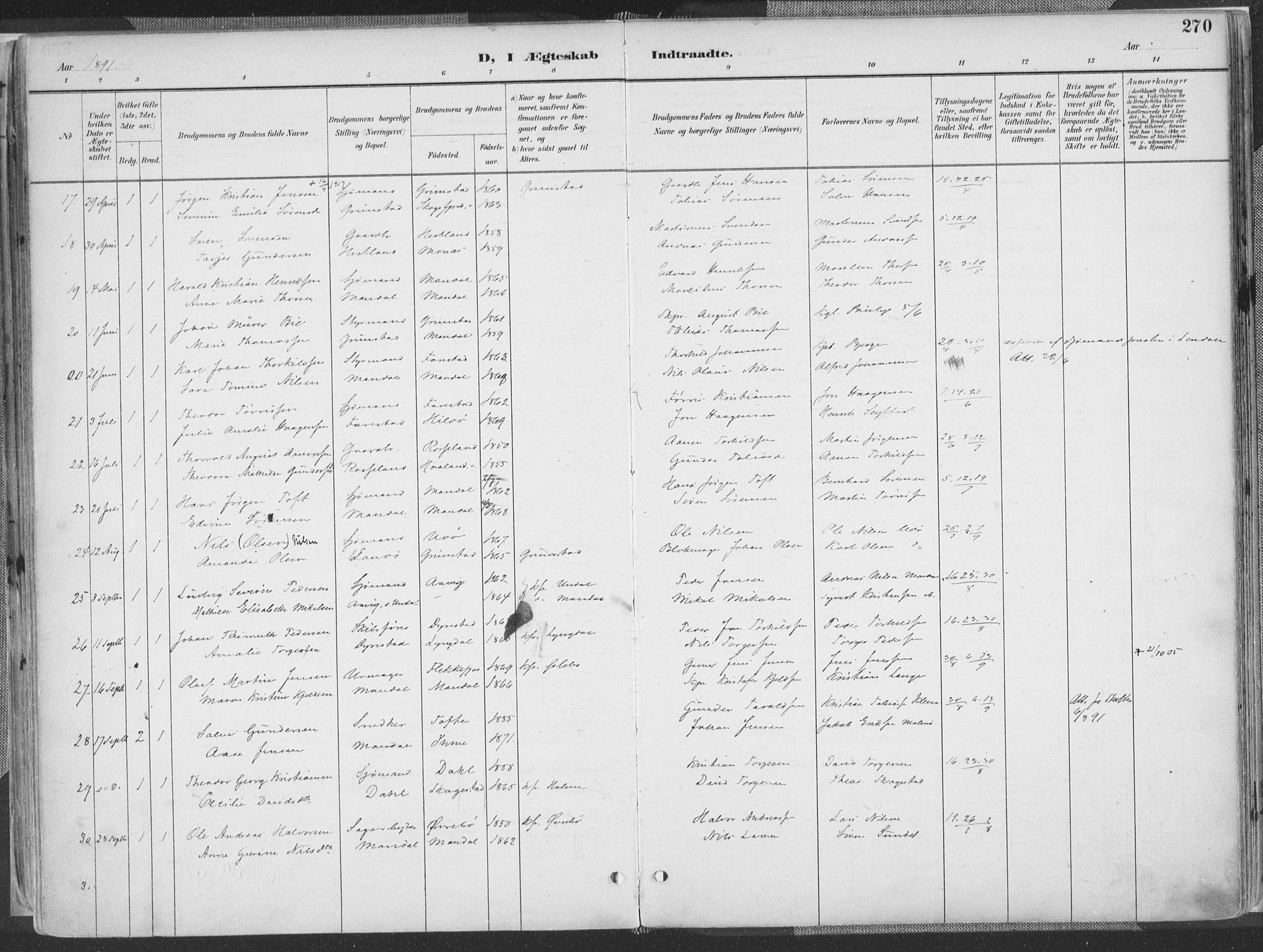 Mandal sokneprestkontor, SAK/1111-0030/F/Fa/Faa/L0018: Ministerialbok nr. A 18, 1890-1905, s. 270