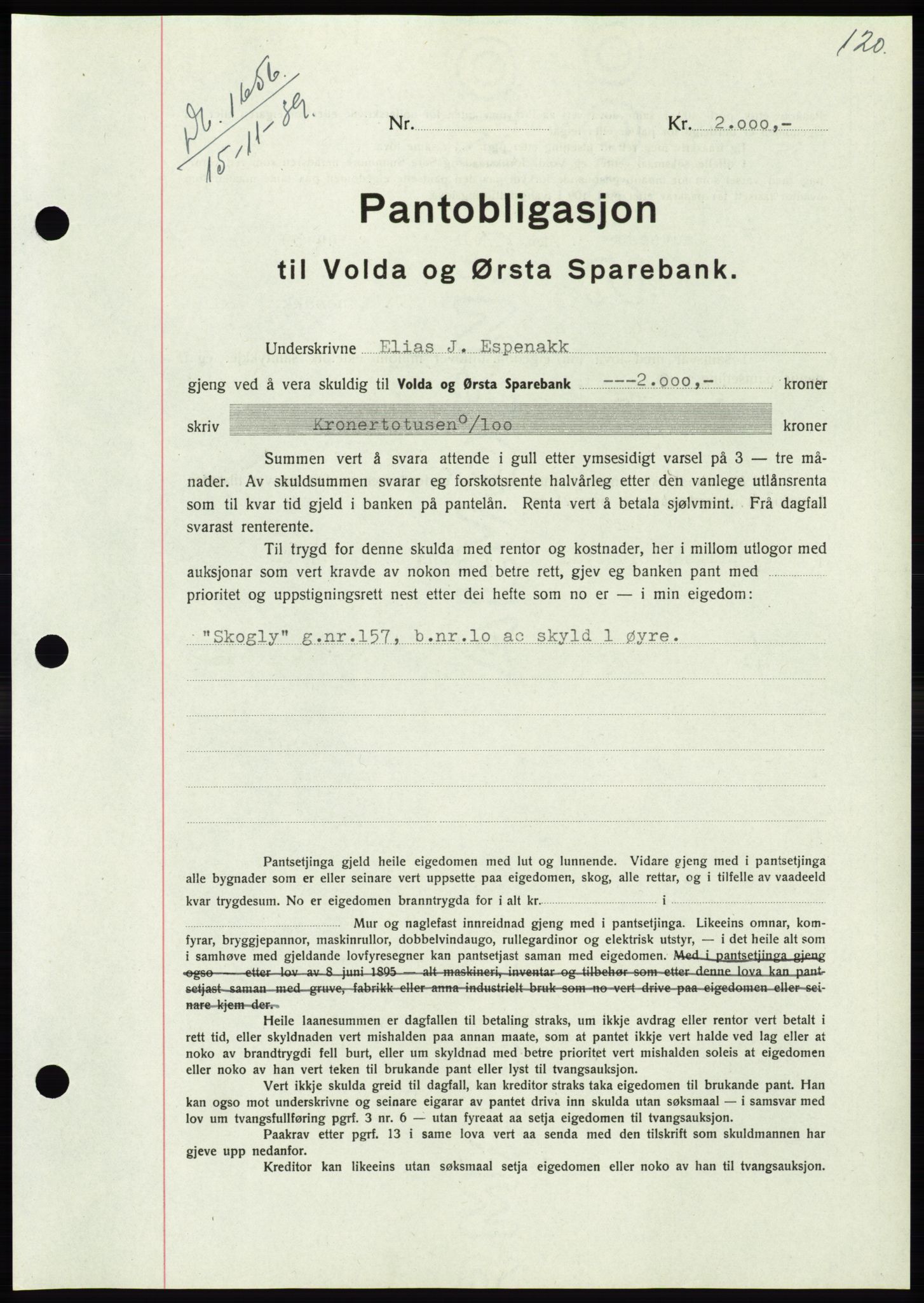 Søre Sunnmøre sorenskriveri, SAT/A-4122/1/2/2C/L0069: Pantebok nr. 63, 1939-1940, Dagboknr: 1656/1939
