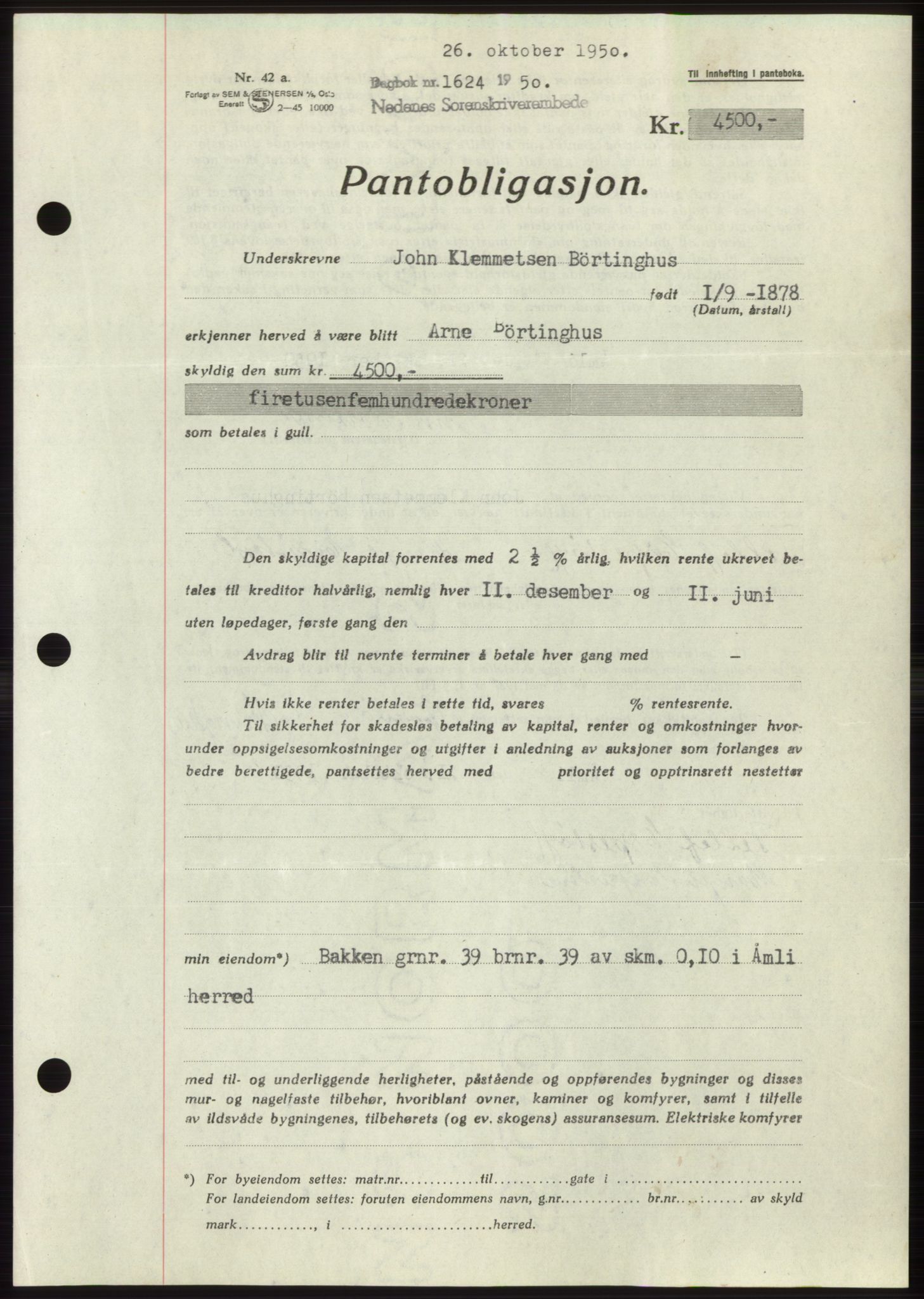 Nedenes sorenskriveri, SAK/1221-0006/G/Gb/Gbb/L0008: Pantebok nr. B8, 1950-1950, Dagboknr: 1624/1950