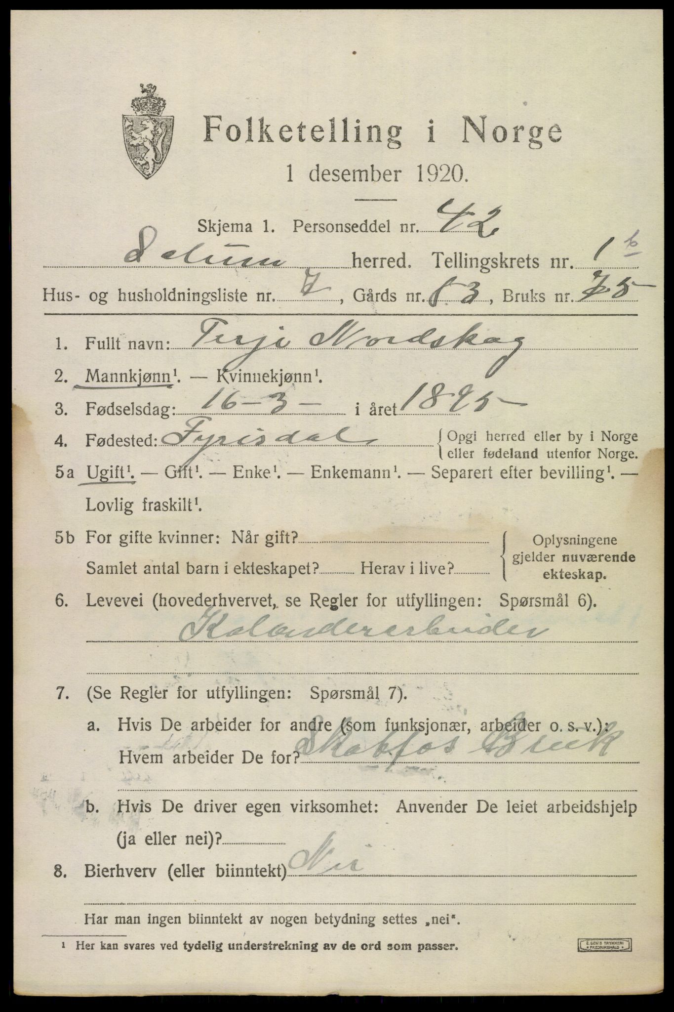 SAKO, Folketelling 1920 for 0818 Solum herred, 1920, s. 4212