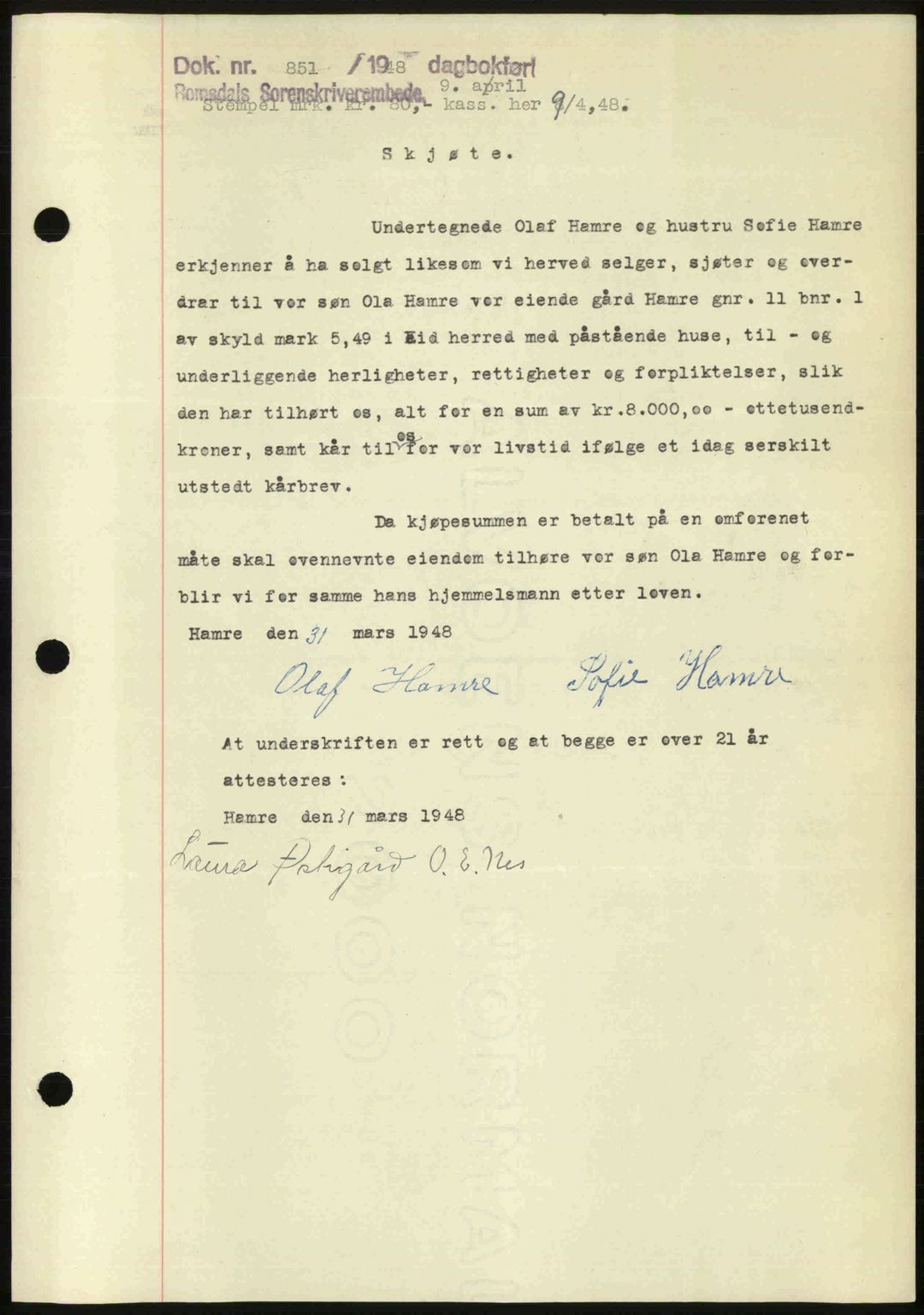Romsdal sorenskriveri, SAT/A-4149/1/2/2C: Pantebok nr. A25, 1948-1948, Dagboknr: 851/1948