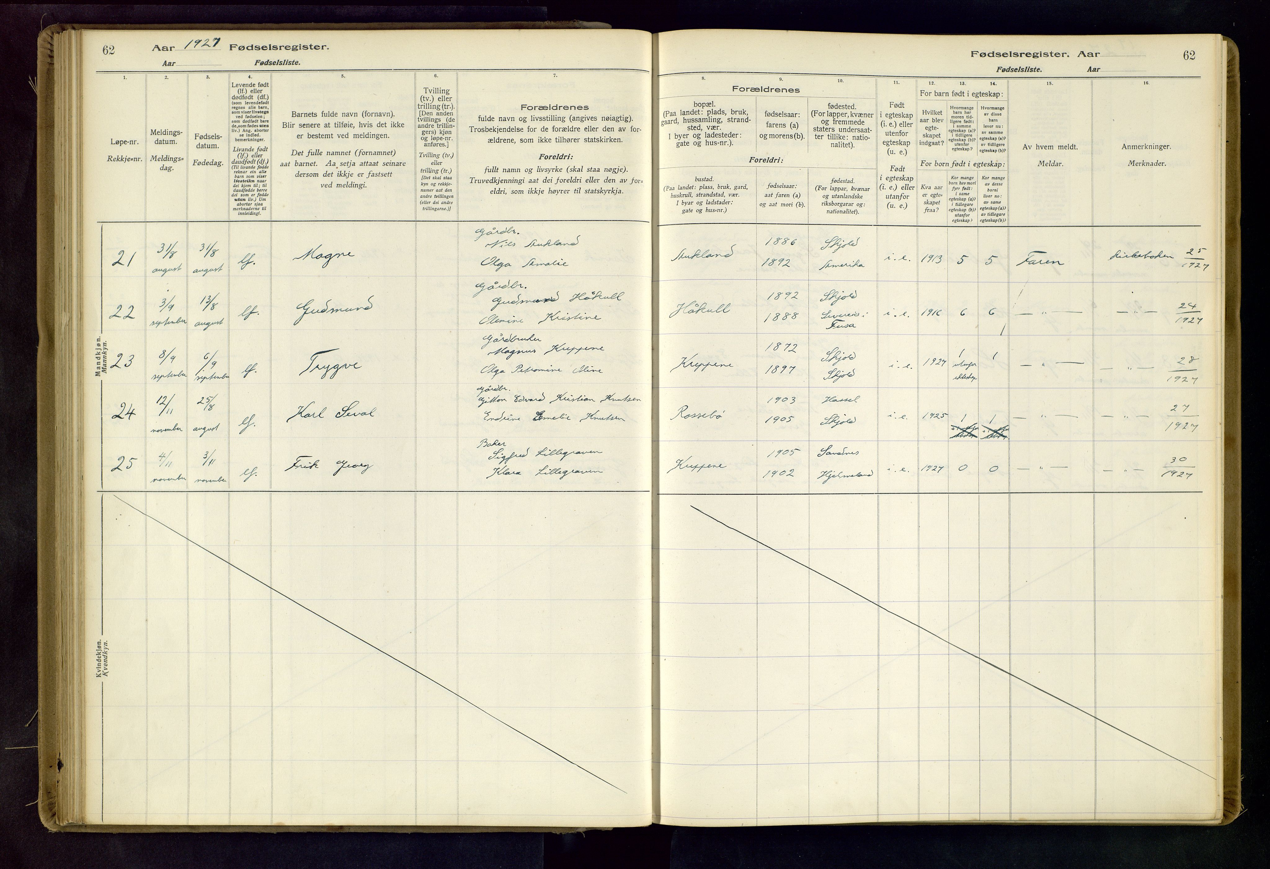 Skjold sokneprestkontor, SAST/A-101847/I/Id/L0001: Fødselsregister nr. 1, 1917-1951, s. 62