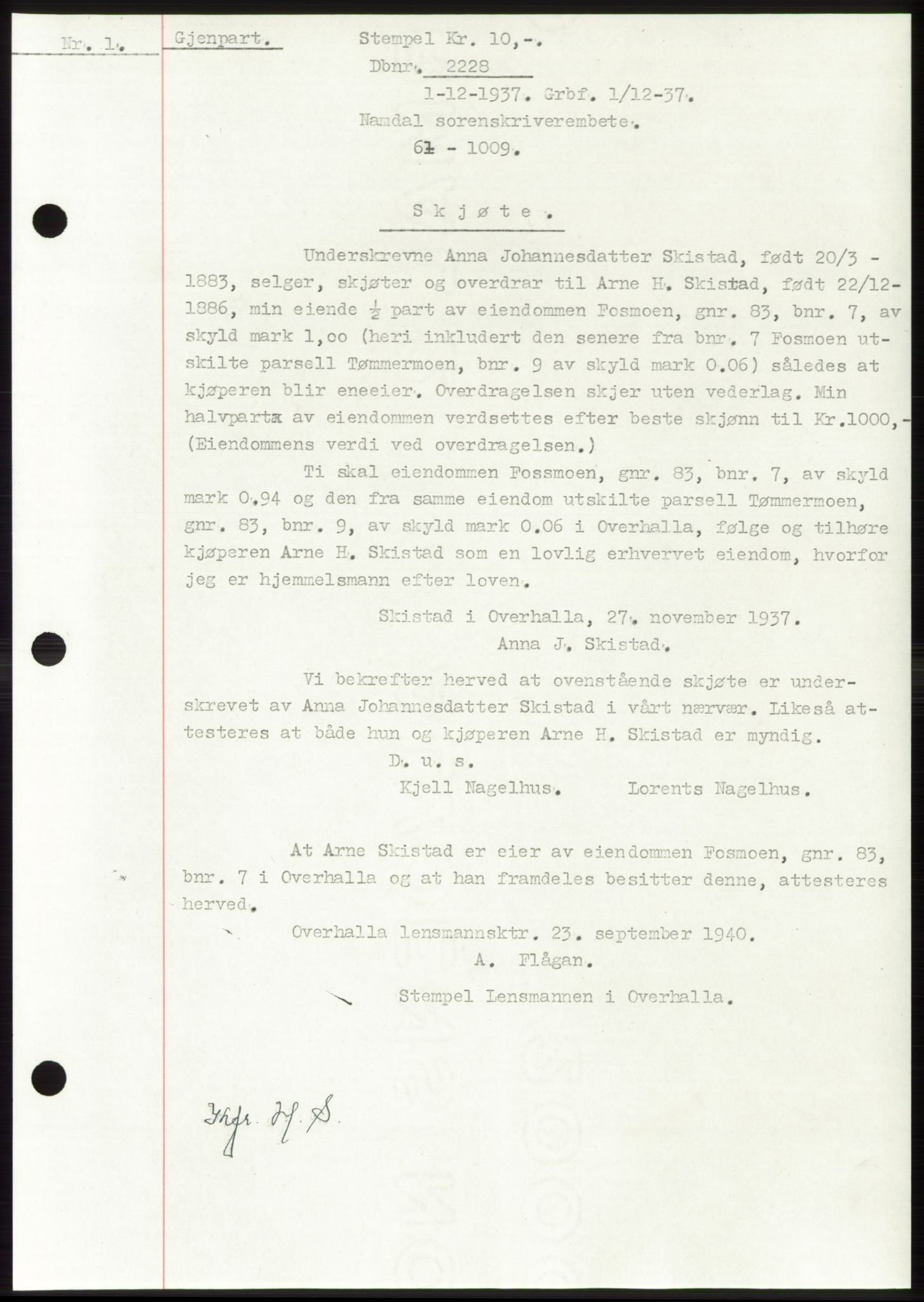 Namdal sorenskriveri, SAT/A-4133/1/2/2C: Pantebok nr. -, 1937-1939, Tingl.dato: 01.12.1937