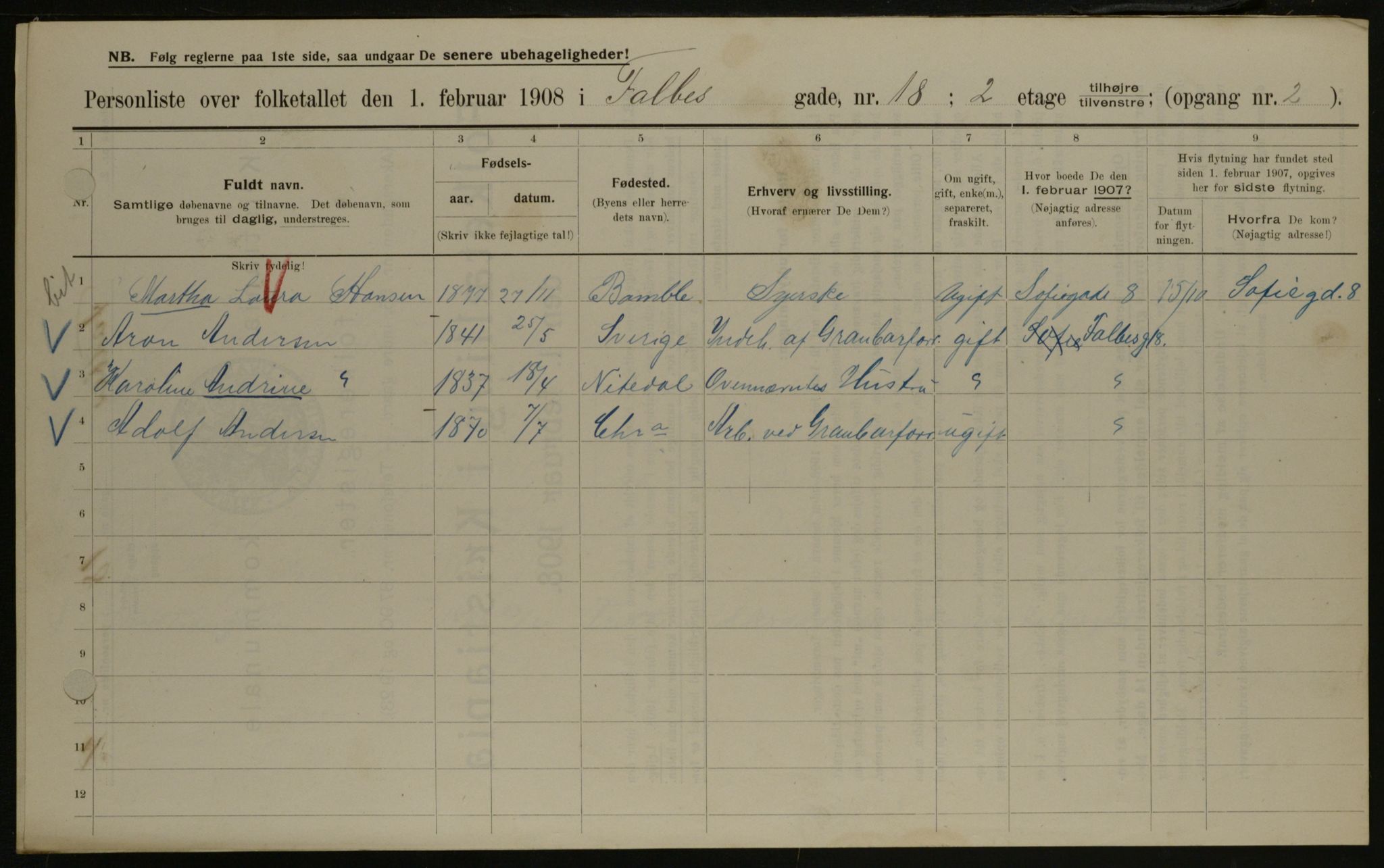 OBA, Kommunal folketelling 1.2.1908 for Kristiania kjøpstad, 1908, s. 21128