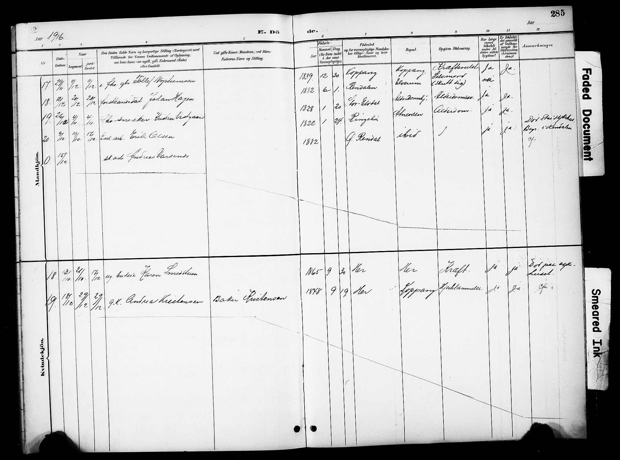 Stor-Elvdal prestekontor, AV/SAH-PREST-052/H/Ha/Hab/L0003: Klokkerbok nr. 3, 1895-1917, s. 285