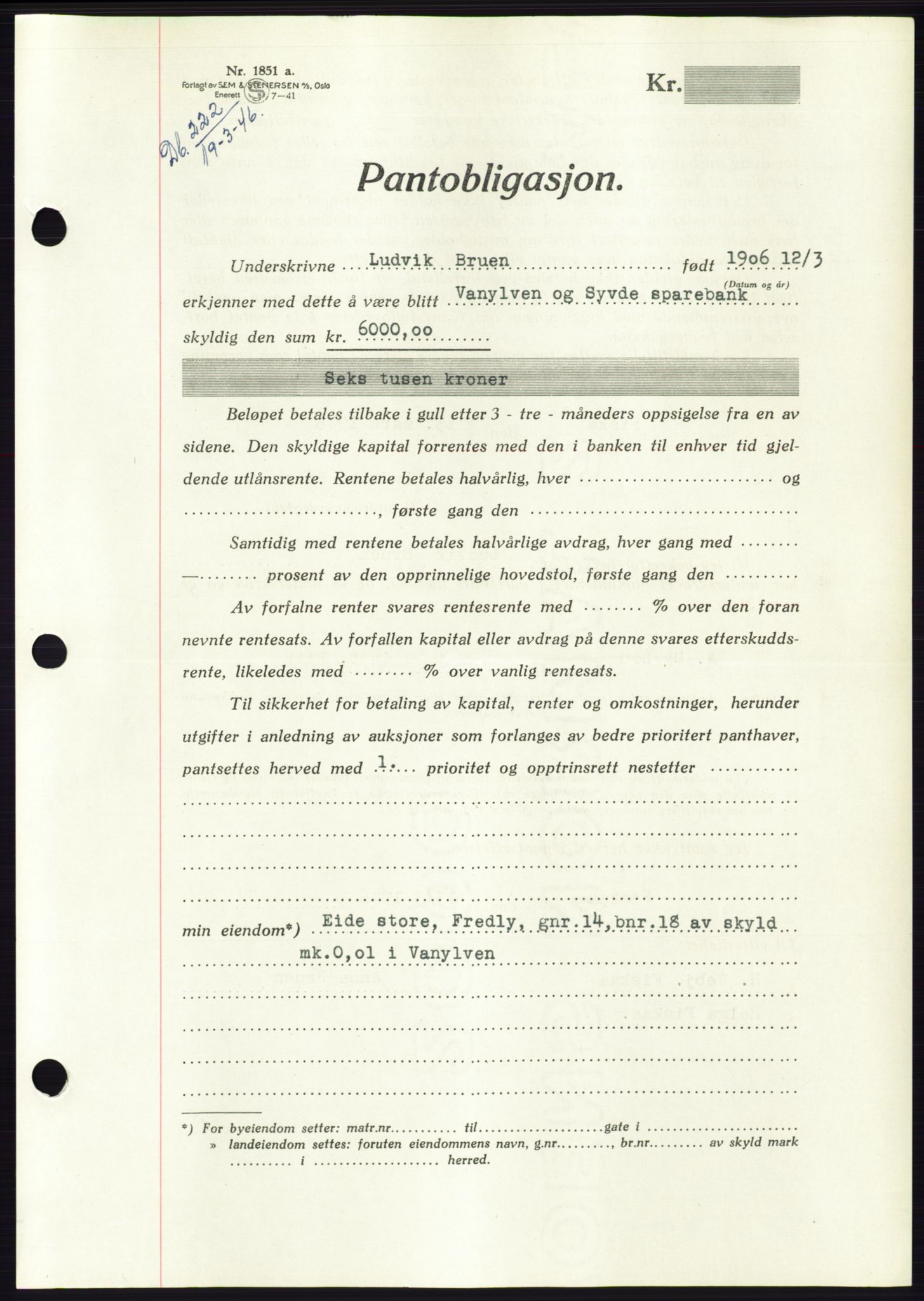 Søre Sunnmøre sorenskriveri, AV/SAT-A-4122/1/2/2C/L0114: Pantebok nr. 1-2B, 1943-1947, Dagboknr: 222/1946