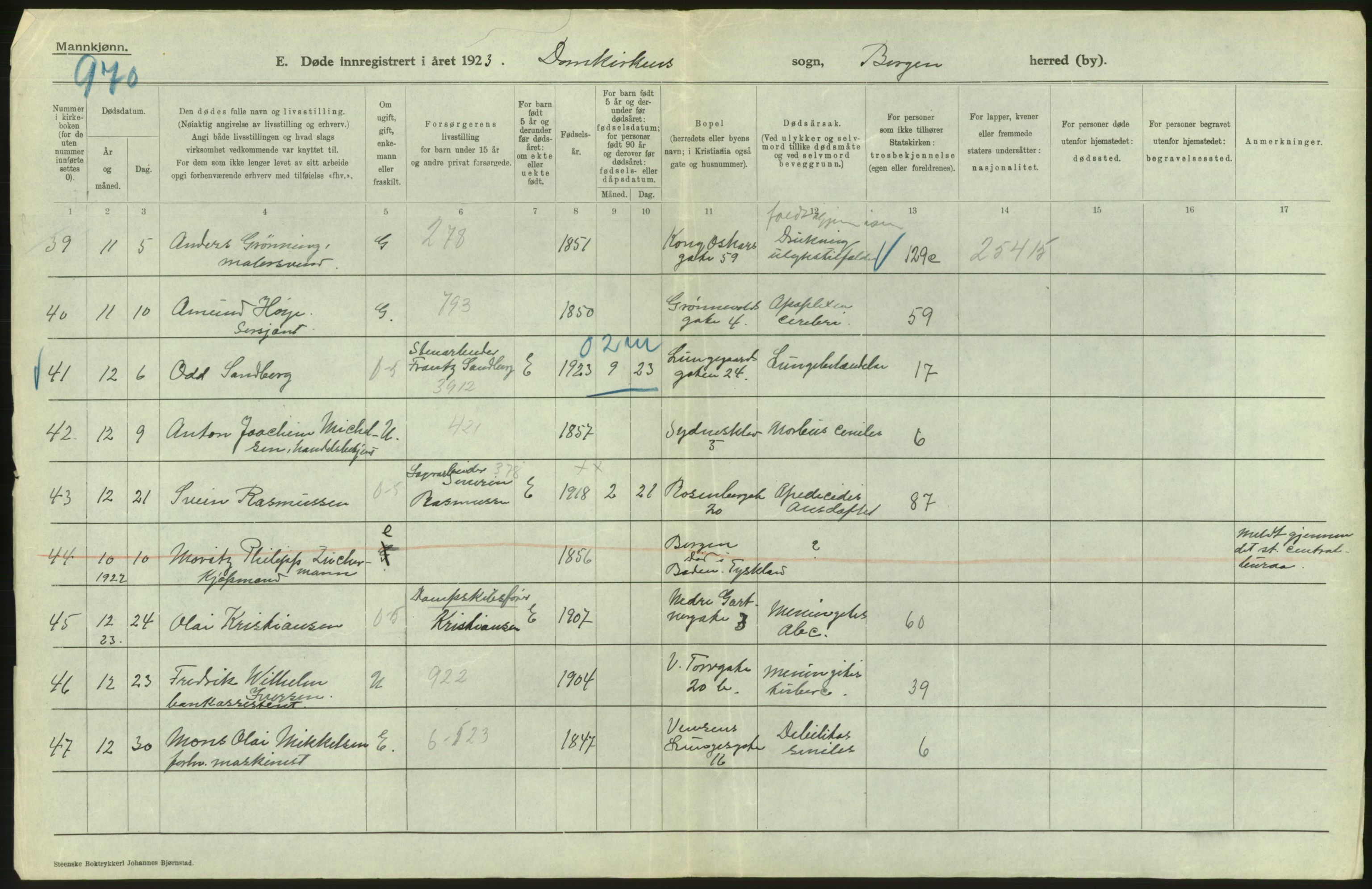 Statistisk sentralbyrå, Sosiodemografiske emner, Befolkning, AV/RA-S-2228/D/Df/Dfc/Dfcc/L0029: Bergen: Gifte, døde, dødfødte., 1923, s. 432