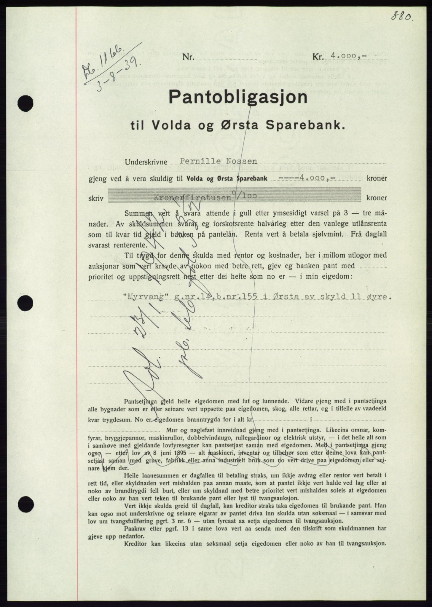 Søre Sunnmøre sorenskriveri, AV/SAT-A-4122/1/2/2C/L0068: Pantebok nr. 62, 1939-1939, Dagboknr: 1166/1939