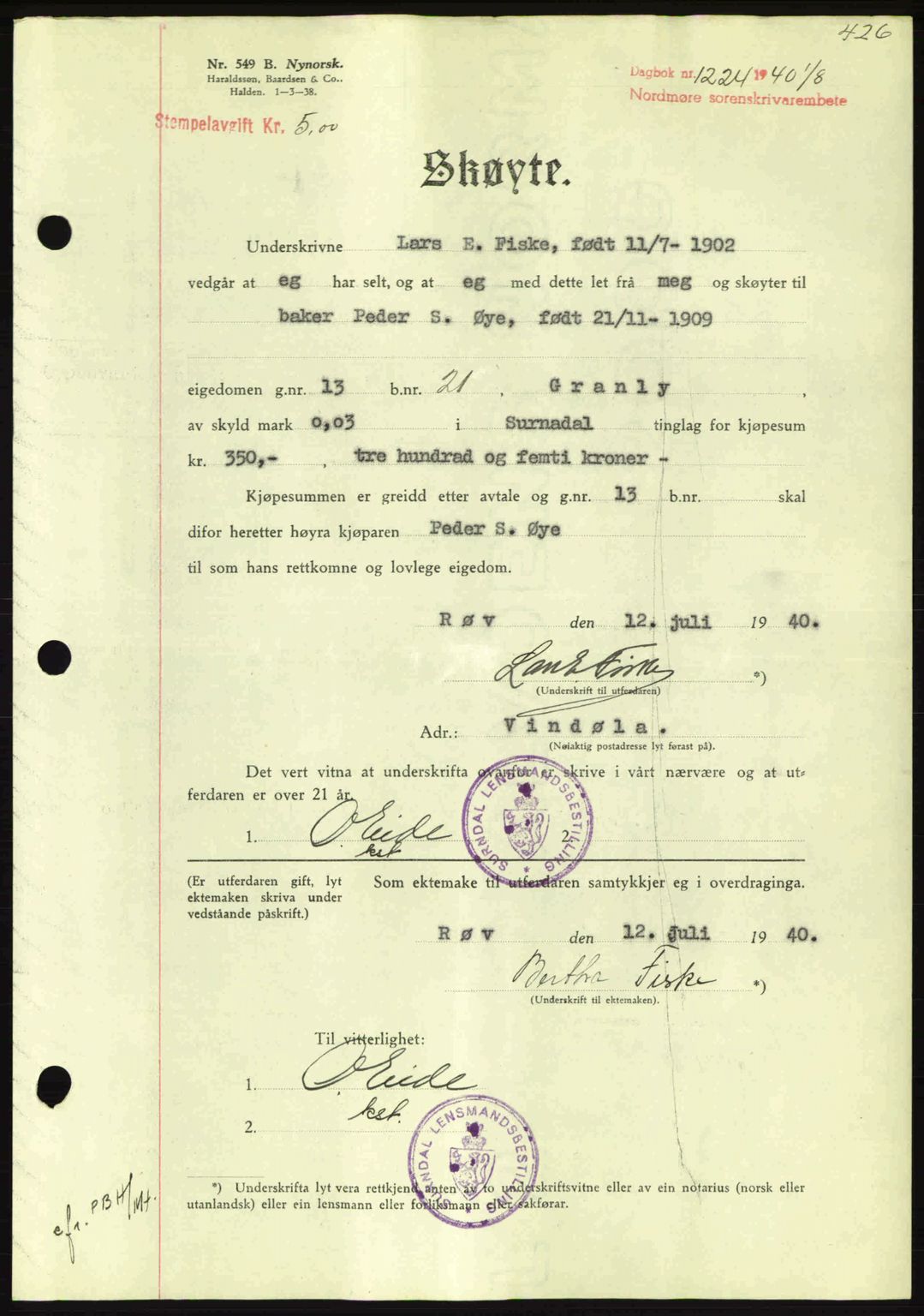 Nordmøre sorenskriveri, AV/SAT-A-4132/1/2/2Ca: Pantebok nr. A88, 1940-1940, Dagboknr: 1224/1940