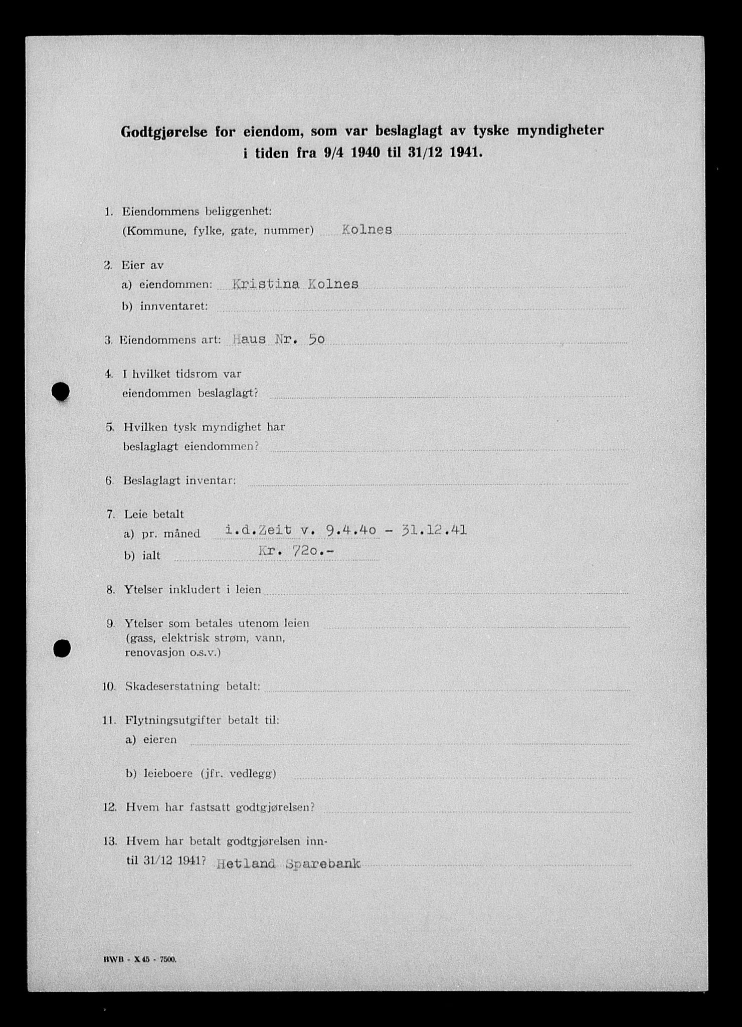 Justisdepartementet, Tilbakeføringskontoret for inndratte formuer, AV/RA-S-1564/I/L1014: Godtgjørelse for beslaglagt eiendom, 1940-1941, s. 442