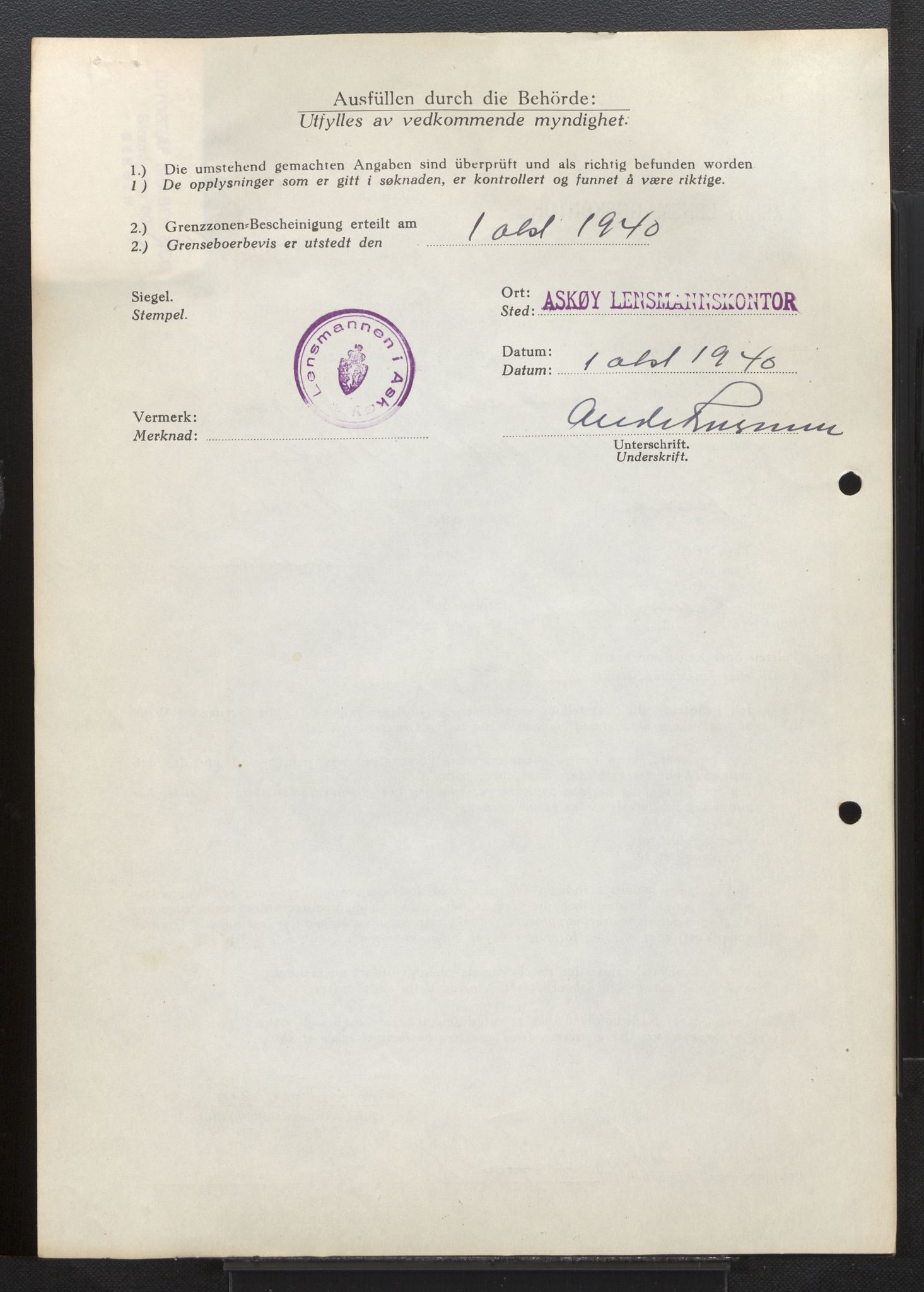 Lensmannen i Askøy, AV/SAB-A-31001/0026/L0004: Søknader om grensebuarbevis 426 - 850, 1940, s. 48