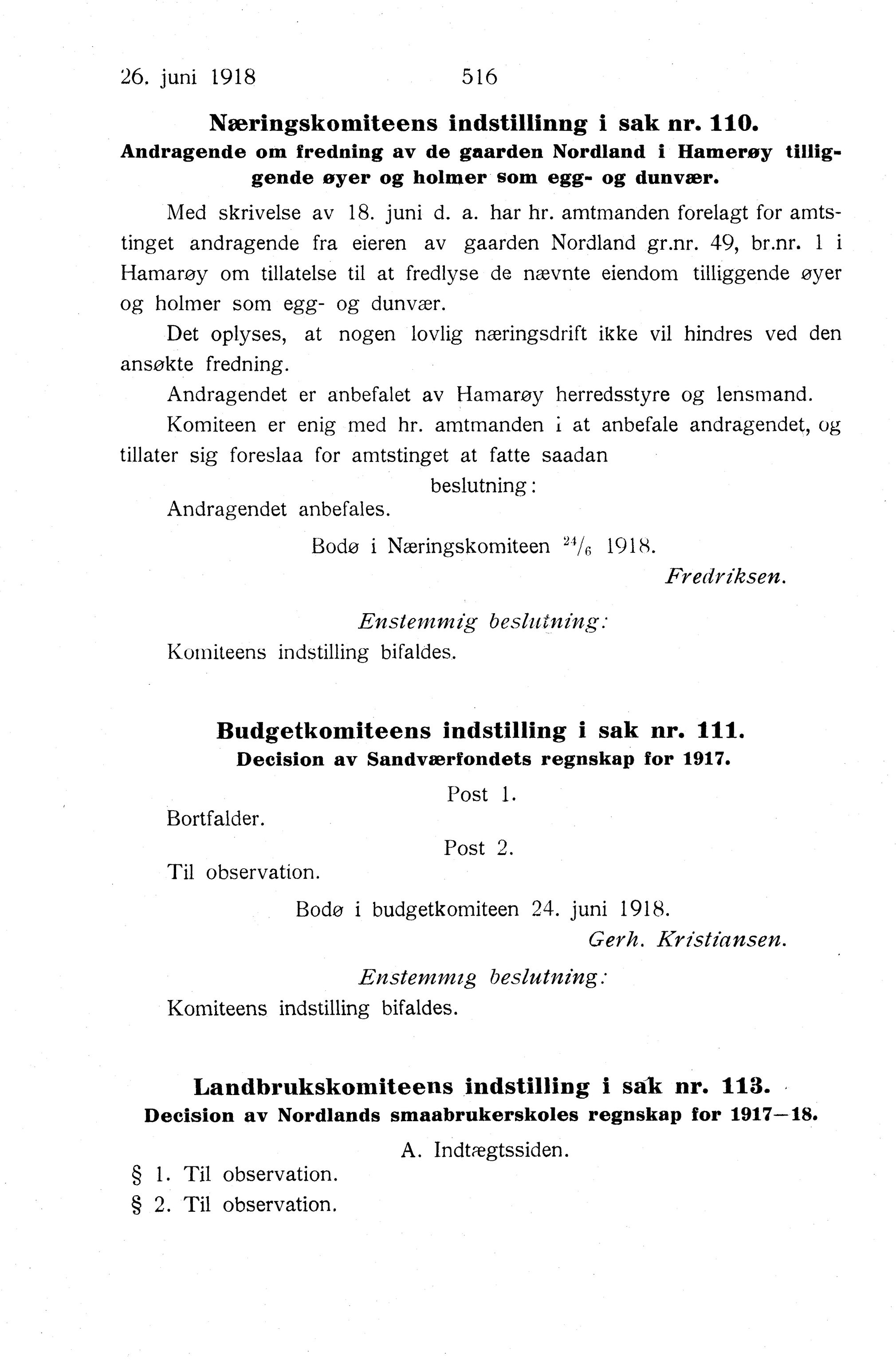 Nordland Fylkeskommune. Fylkestinget, AIN/NFK-17/176/A/Ac/L0041: Fylkestingsforhandlinger 1918, 1918