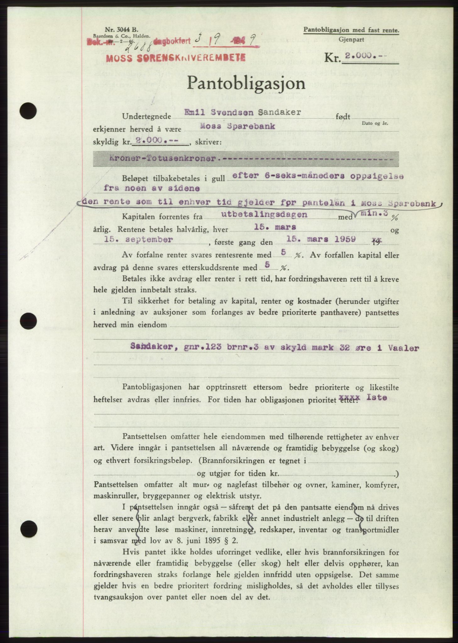 Moss sorenskriveri, SAO/A-10168: Pantebok nr. B22, 1949-1949, Dagboknr: 2688/1949