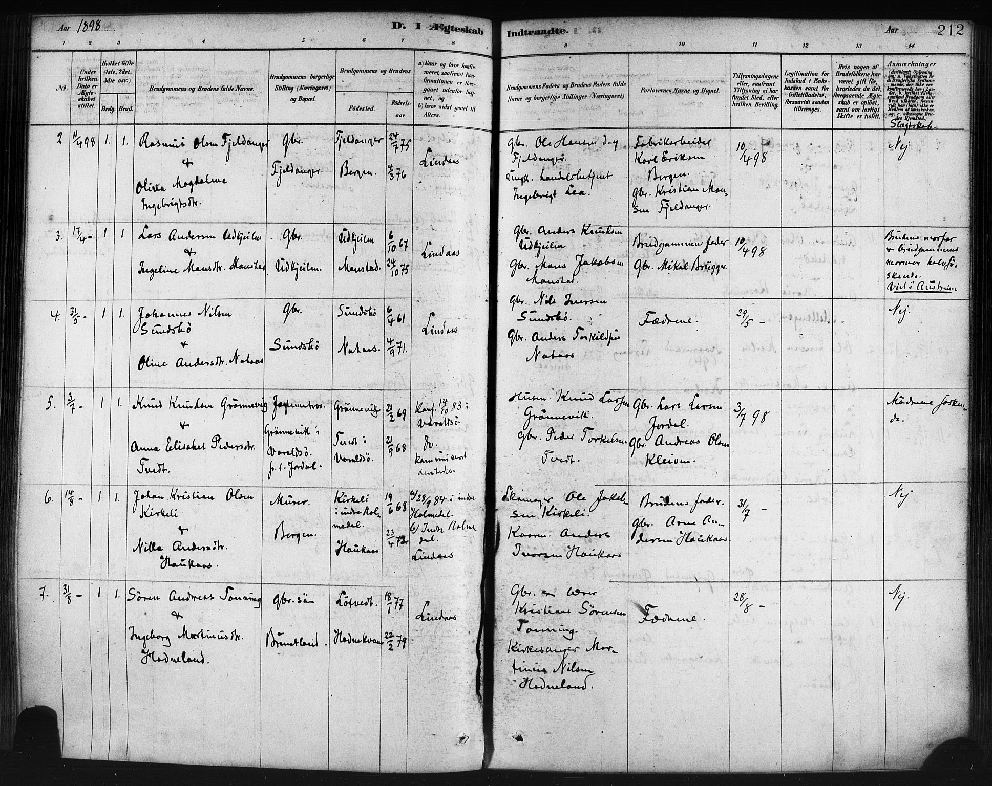 Lindås Sokneprestembete, AV/SAB-A-76701/H/Haa/Haaa/L0019: Ministerialbok nr. A 19, 1878-1912, s. 212
