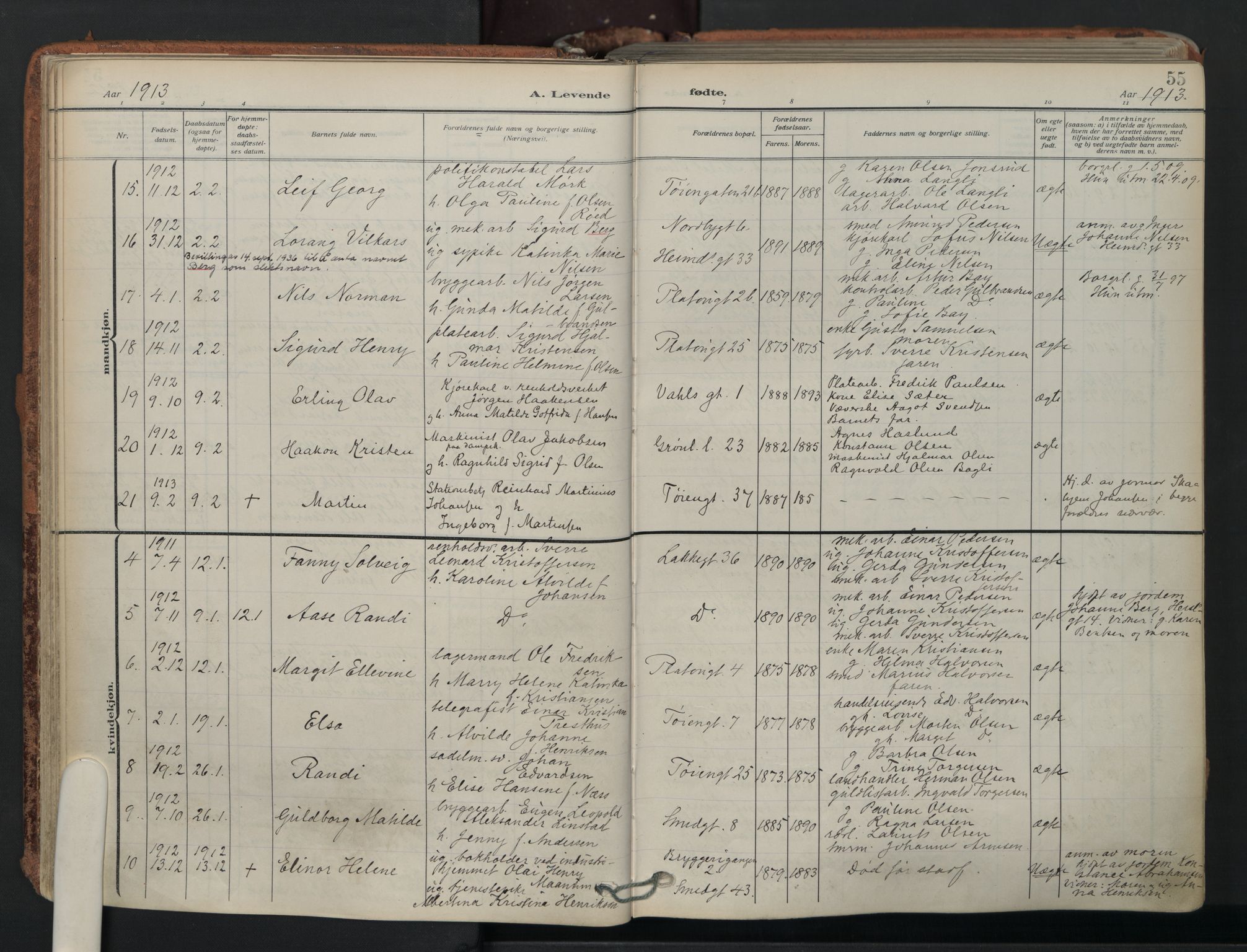 Grønland prestekontor Kirkebøker, AV/SAO-A-10848/F/Fa/L0018: Ministerialbok nr. 18, 1911-1945, s. 55
