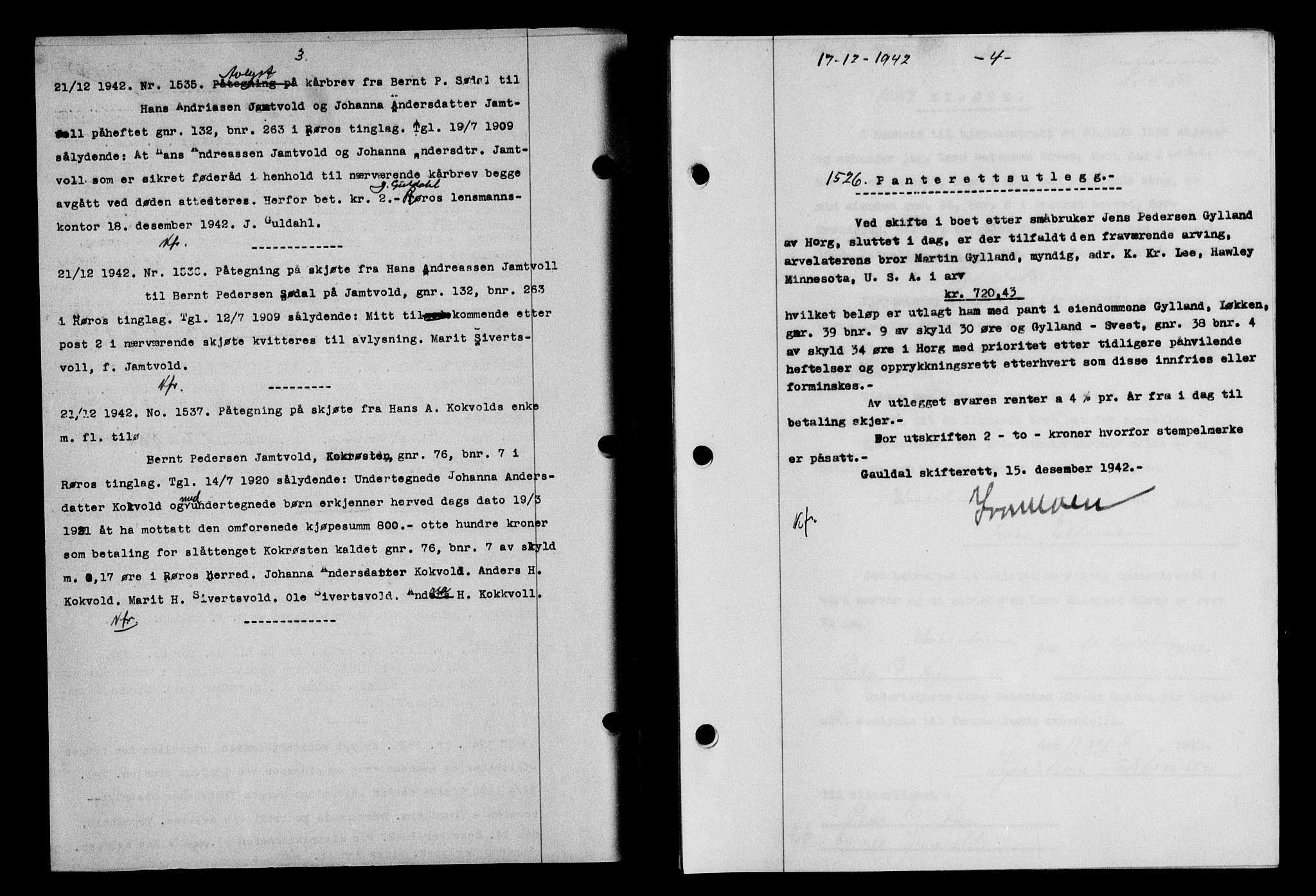 Gauldal sorenskriveri, SAT/A-0014/1/2/2C/L0056: Pantebok nr. 61, 1942-1943, Dagboknr: 1526/1942
