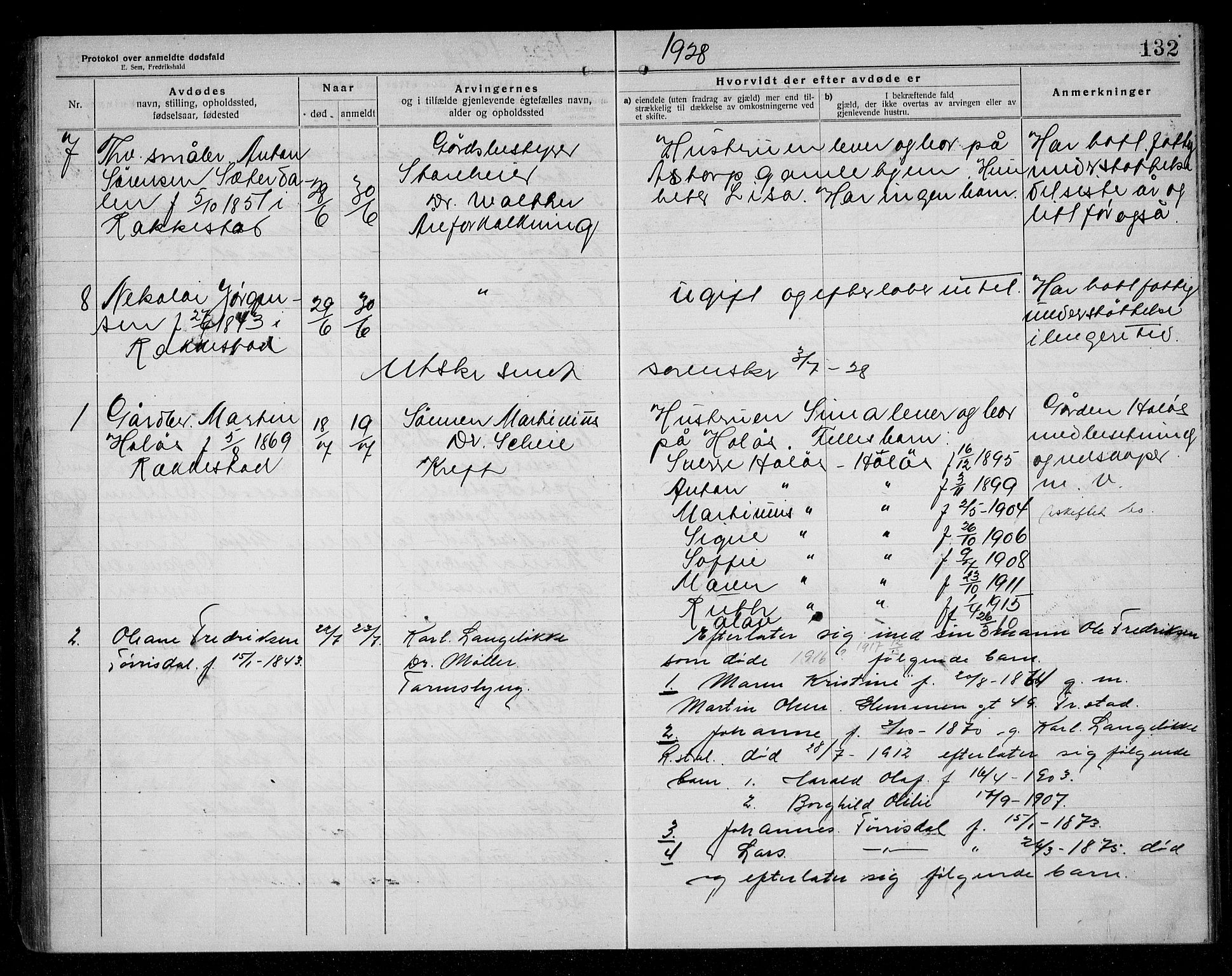 Rakkestad lensmannskontor, AV/SAO-A-10004/H/Ha/Haa/L0004: Dødsanmeldelsesprotokoll, 1920-1931, s. 132