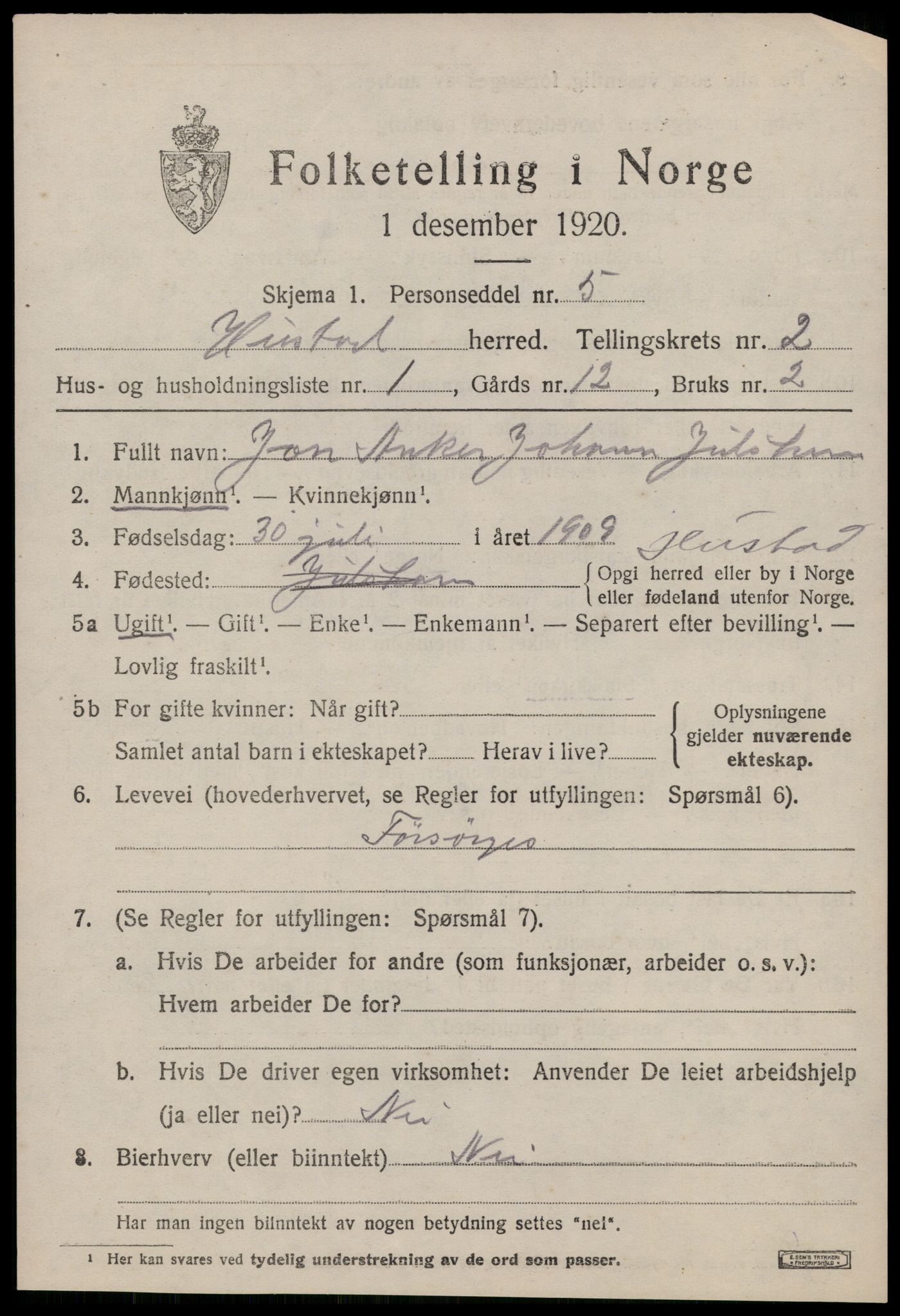 SAT, Folketelling 1920 for 1550 Hustad herred, 1920, s. 1527