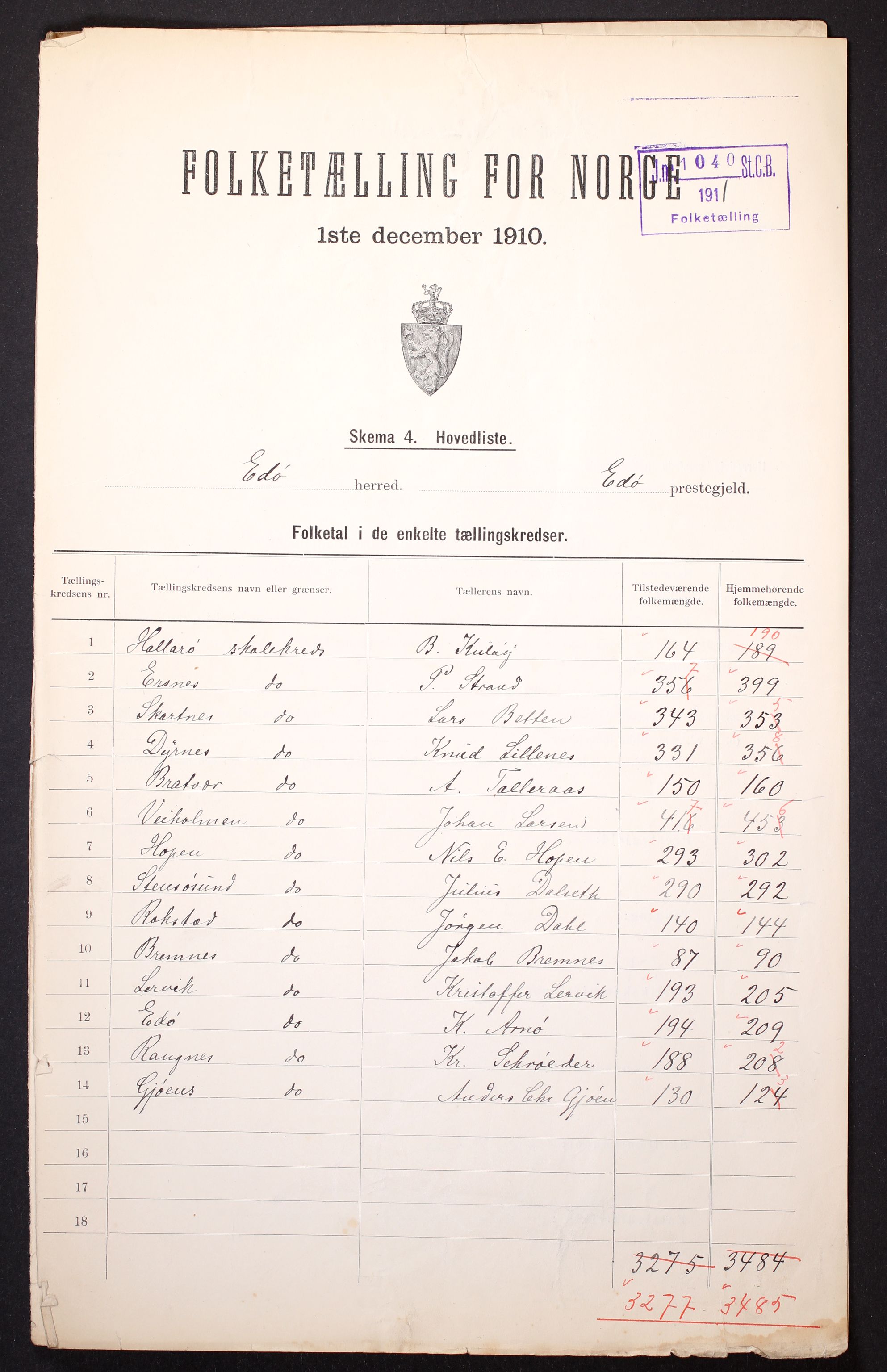 RA, Folketelling 1910 for 1573 Edøy herred, 1910, s. 2