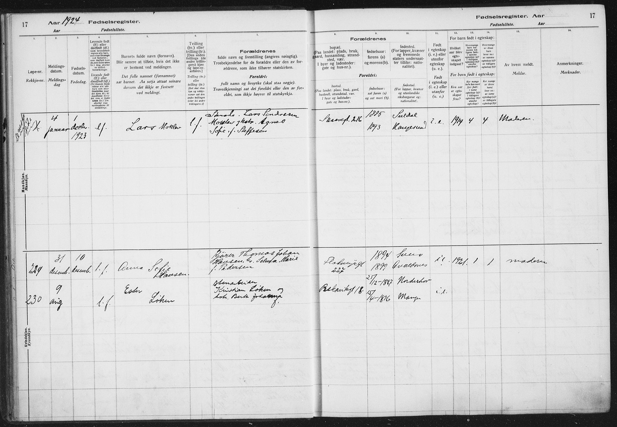 Haugesund sokneprestkontor, SAST/A -101863/I/Id/L0005: Fødselsregister nr. 3, 1923-1929, s. 17