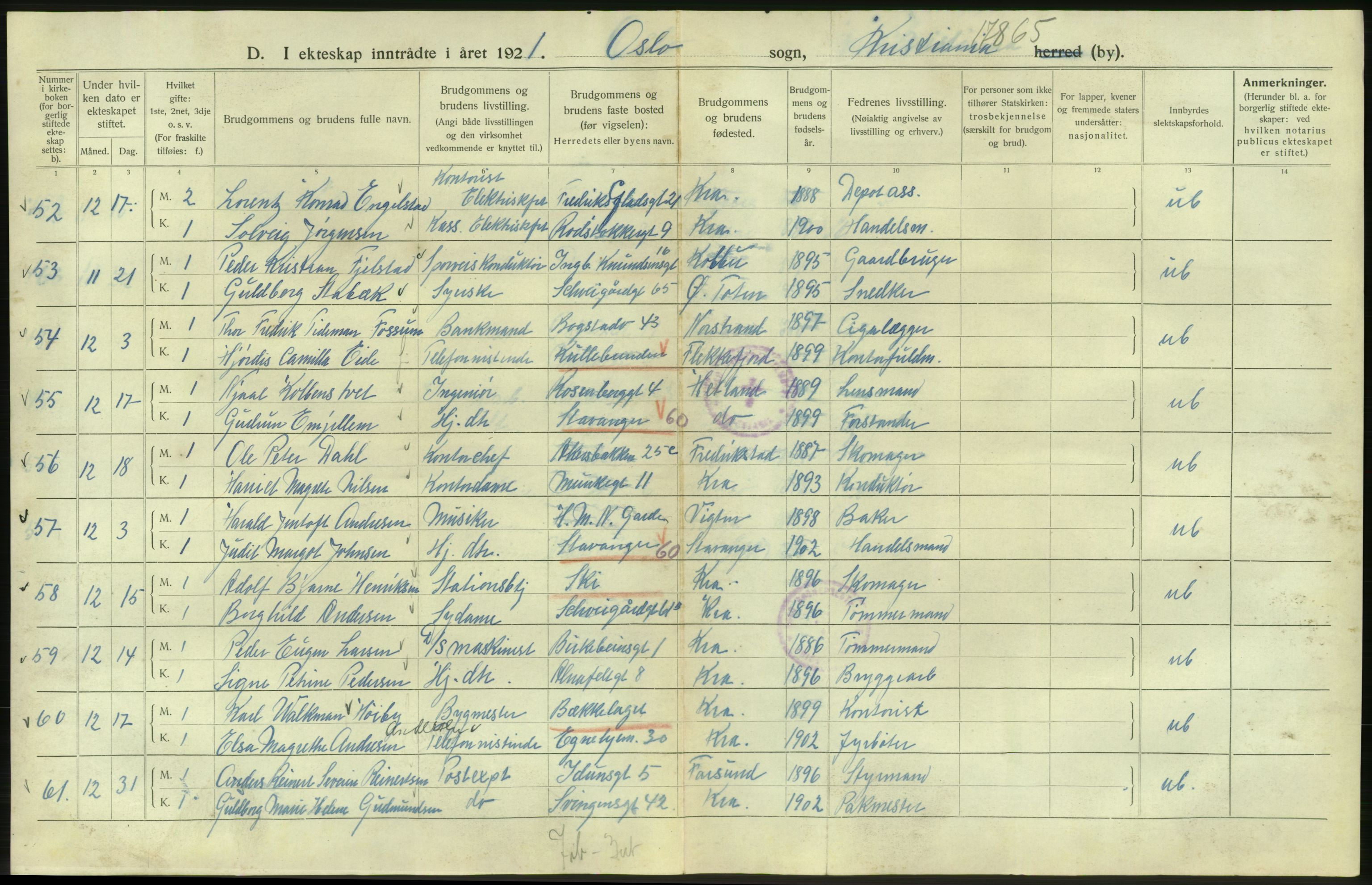 Statistisk sentralbyrå, Sosiodemografiske emner, Befolkning, AV/RA-S-2228/D/Df/Dfc/Dfca/L0011: Kristiania: Gifte, 1921, s. 656